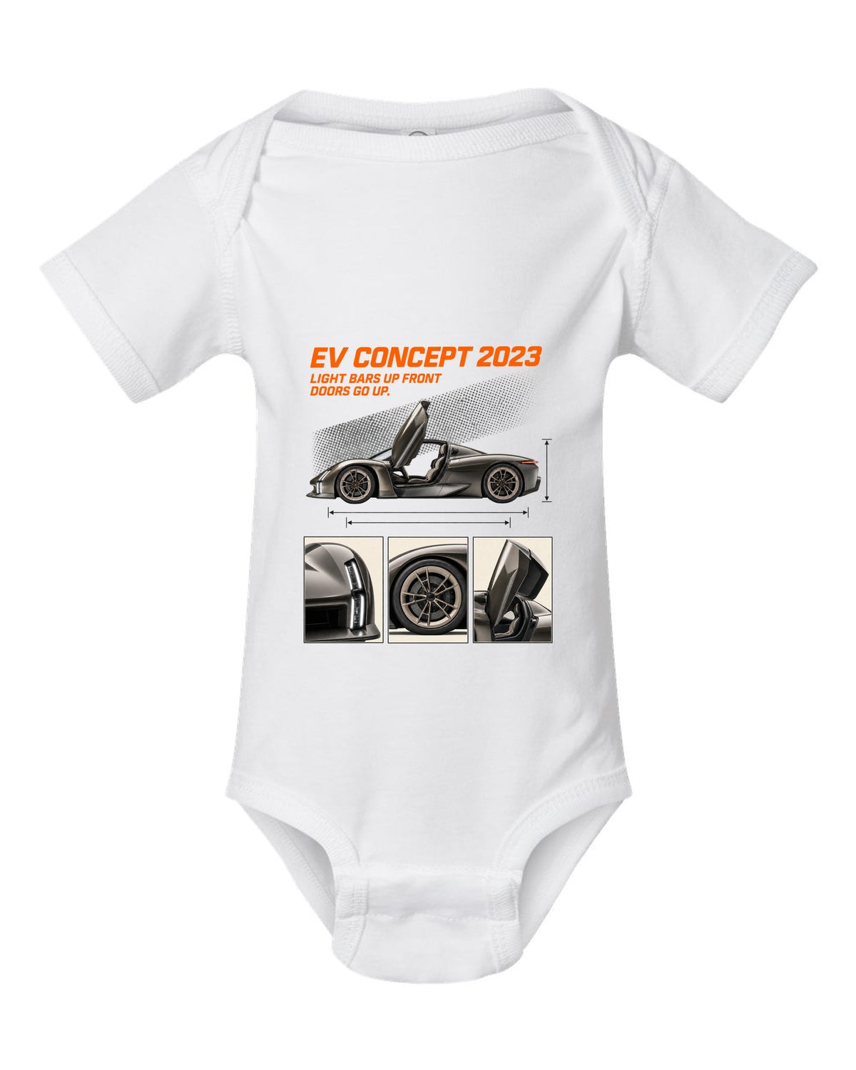 Porsche Mission X electric concept dossier panels print design white baby onesie front view with the design