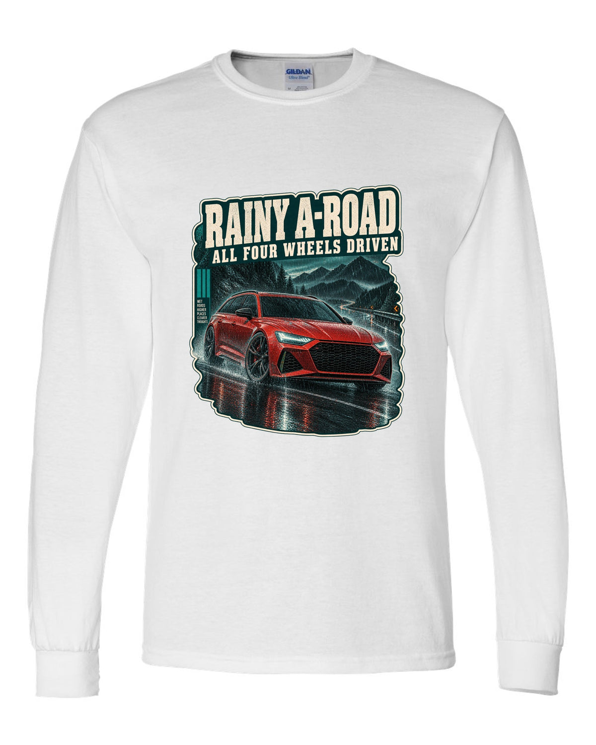 Rainy night road scene with an Audi RS6 Avant C8, all-wheel-drive caption white long sleeve front view with the design