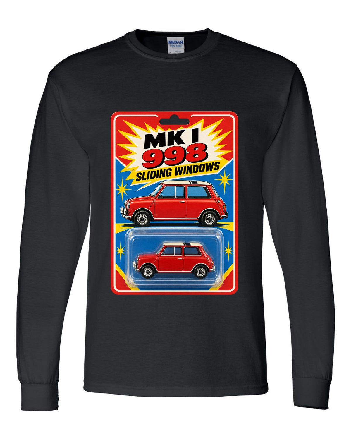 1967 Mini Cooper Mk I on a toy blister card with 998 and sliding windows text black long sleeve front view with the design