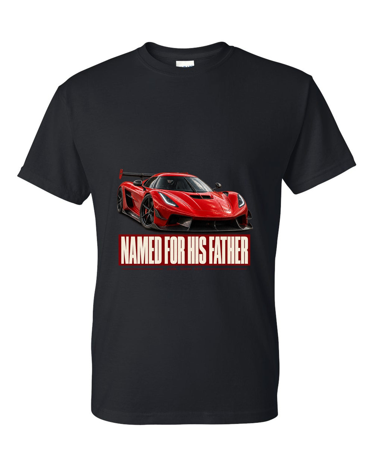 Editorial headline poster of a Koenigsegg Jesko Attack front three-quarter, print black t-shirt front view with the design