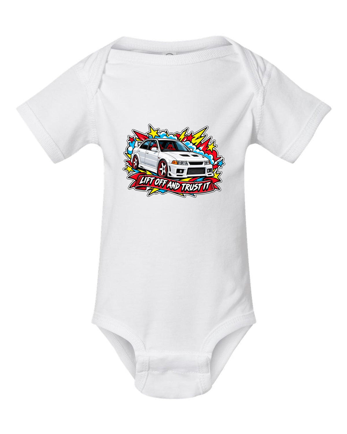 Sticker-bomb collage print for the Mitsubishi Evo VI CP9A with the text lift off and trust it white baby onesie front view with the design