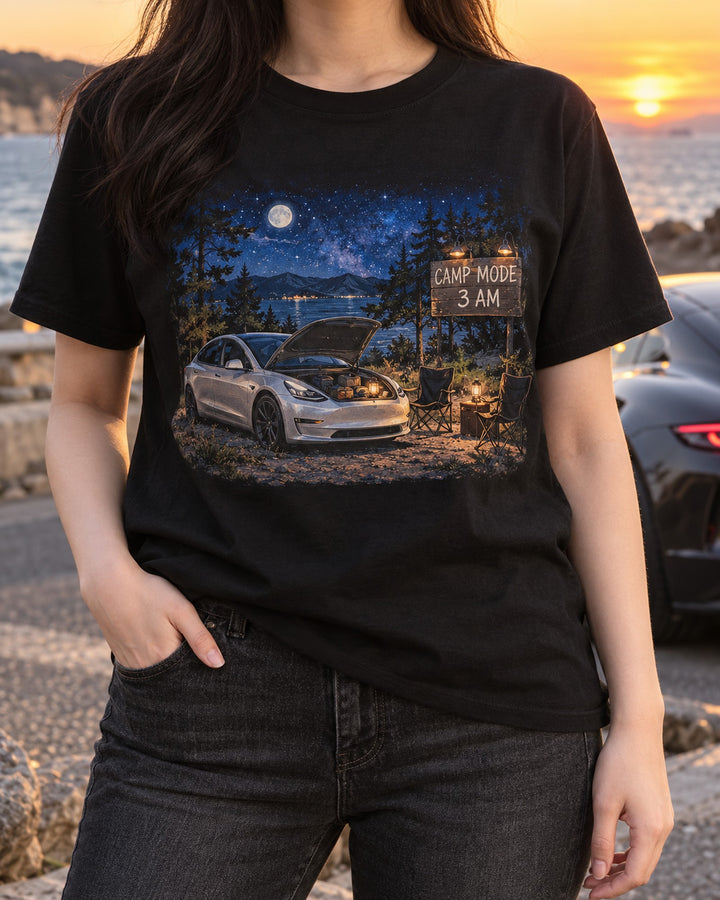 Tesla Model 3 Camp Mode Watercolor Shirt, EV Owner Gift T-Shirt Black worn hero