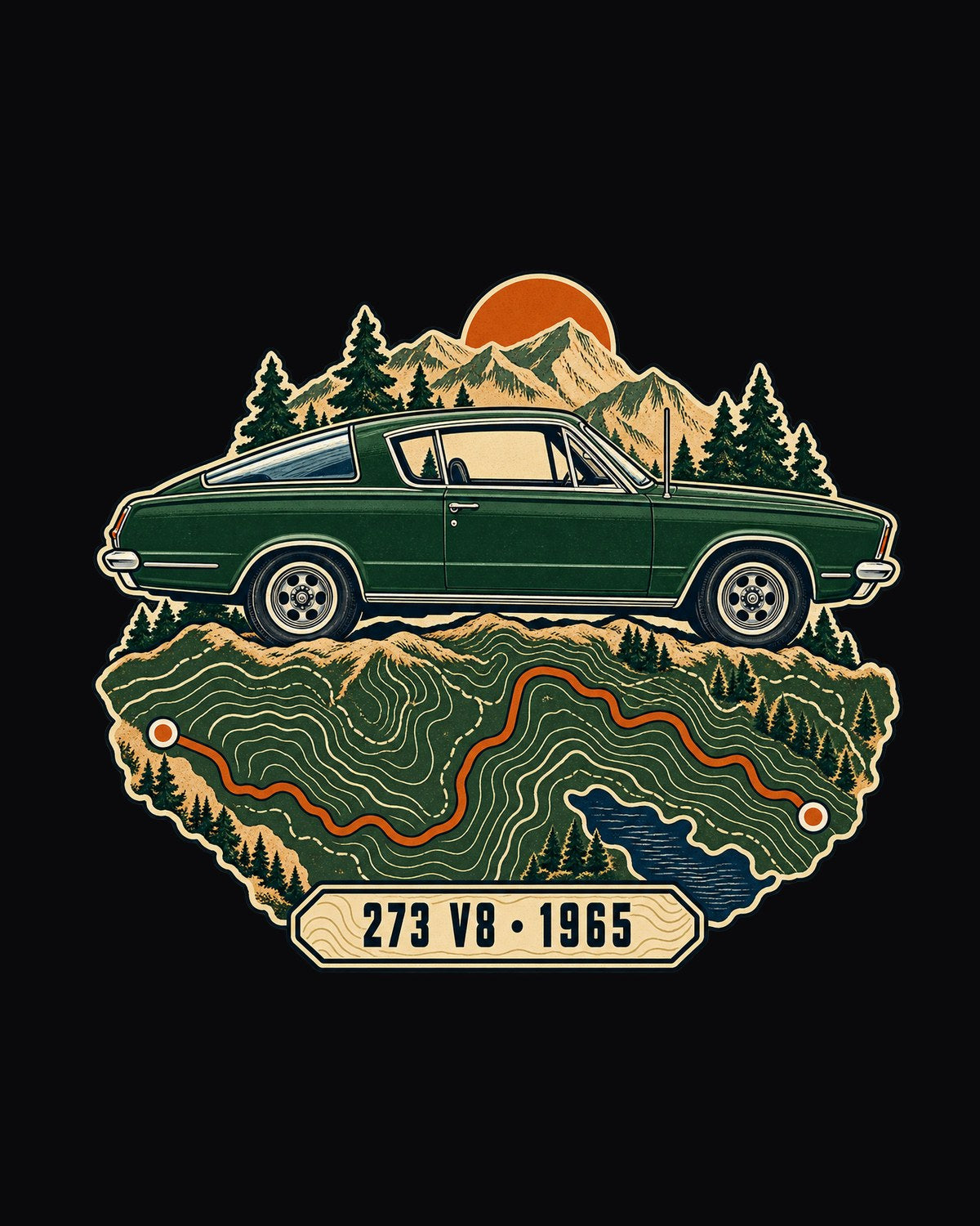 1965 Plymouth Barracuda Fastback Topographic Road Map Shirt design only