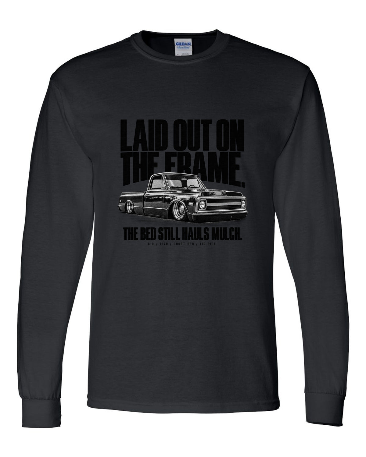 Halftone print of a 1970 Chevrolet C10 short bed on air ride with laid out on the frame text black long sleeve front view with the design