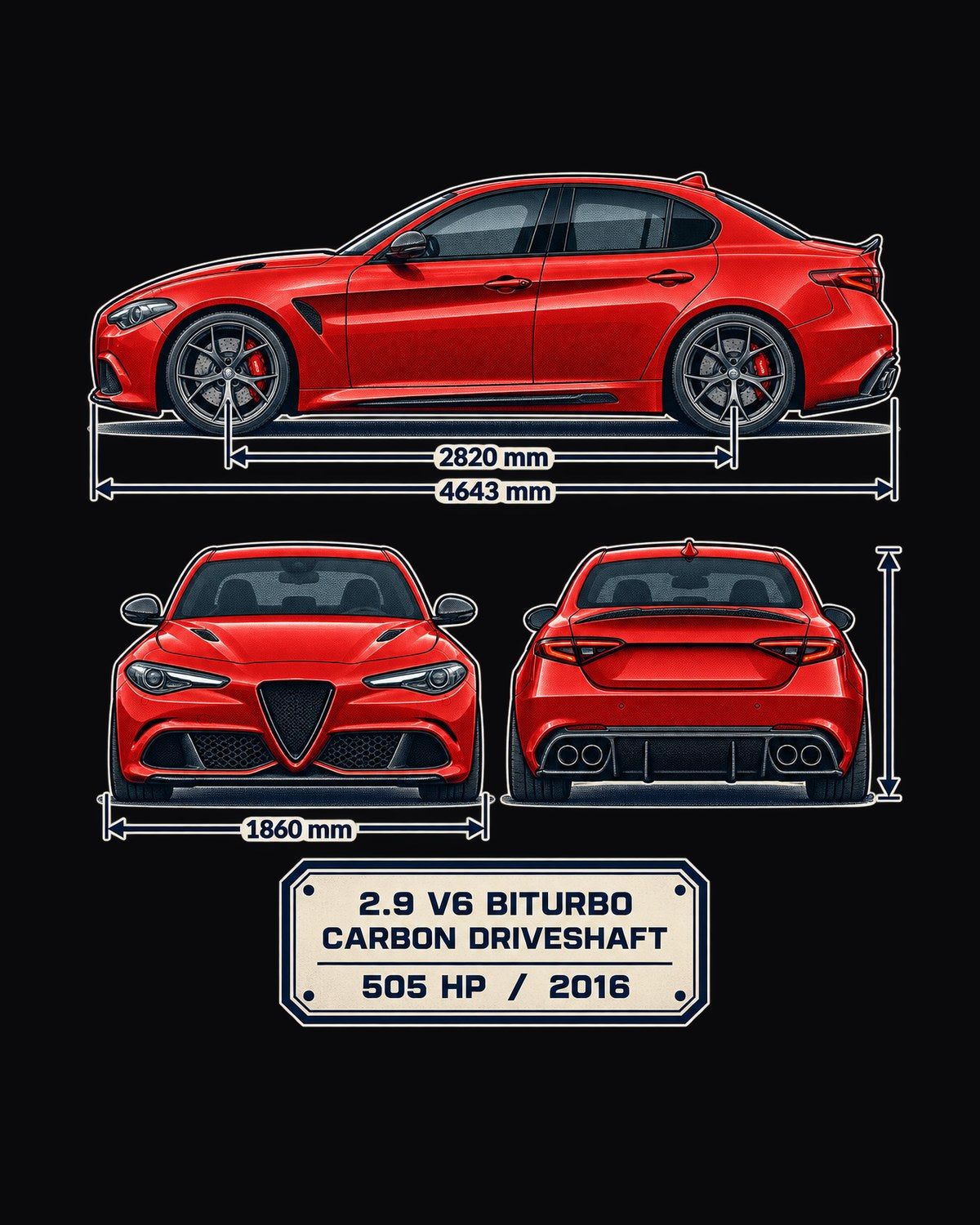 Alfa Romeo Giulia Quadrifoglio 952 Three-View Spec Shirt design only