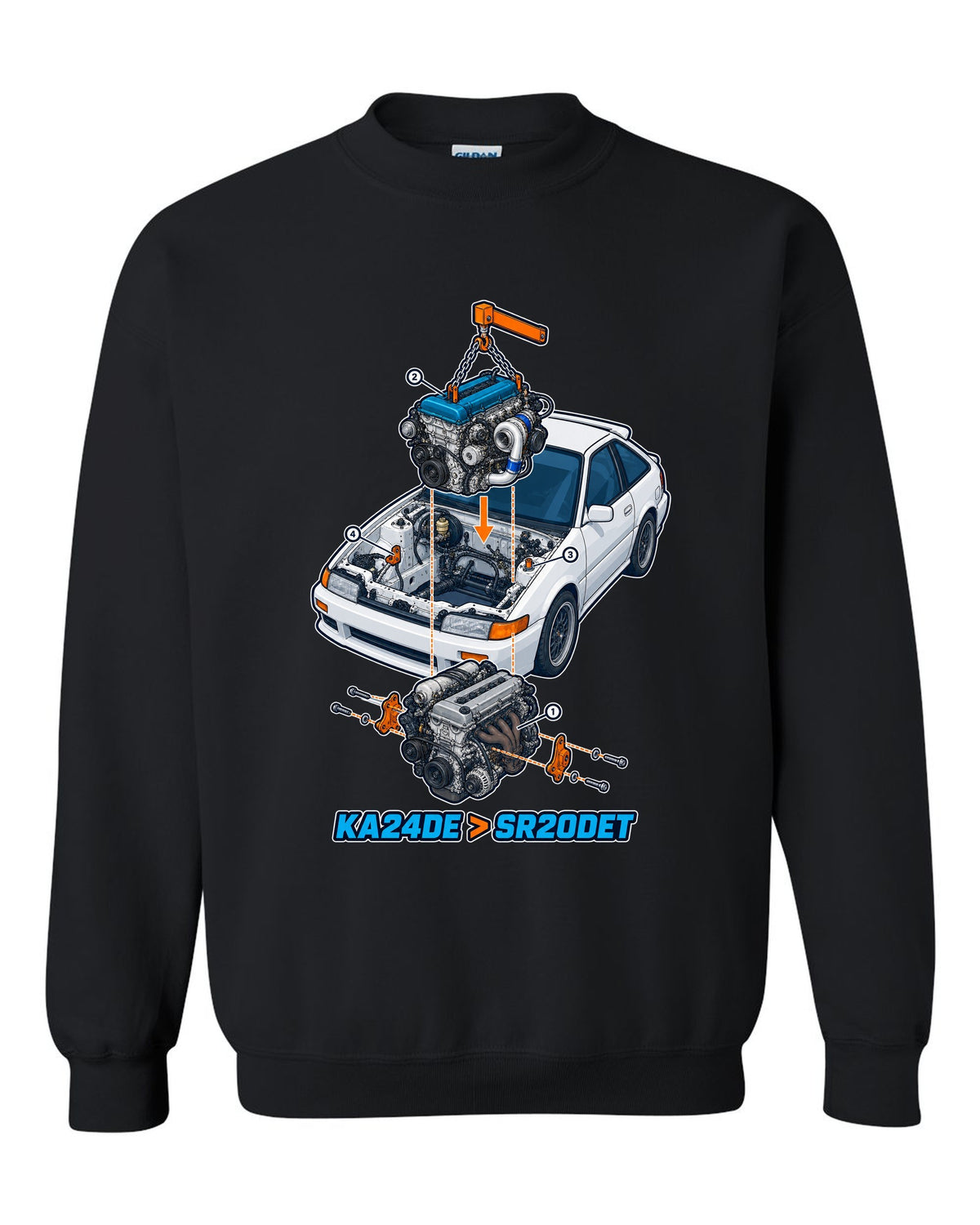 Exploded isometric engine cutaway for a Nissan S13 KA24DE to SR20DET swap black crewneck front view with the design