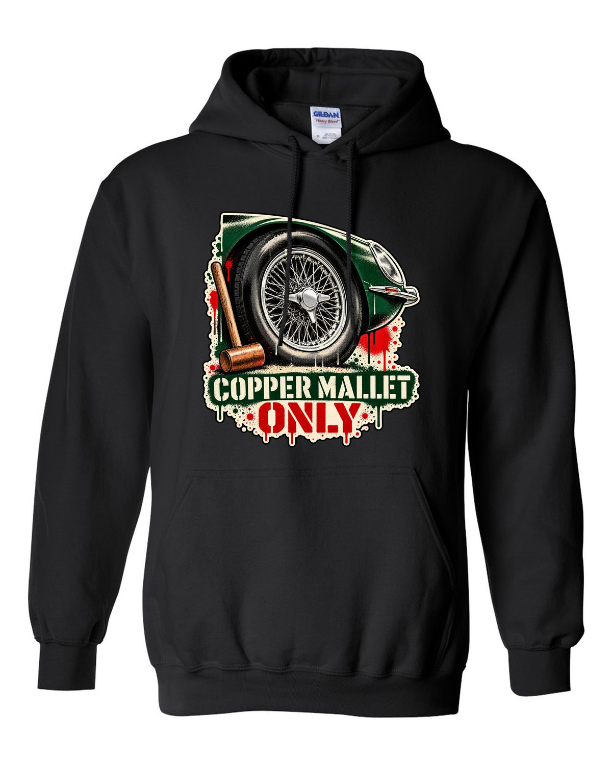 Spray stencil street art print of a Jaguar E-Type Series 1 wire wheel with copper mallet lettering black pull over hoodie front view with the design