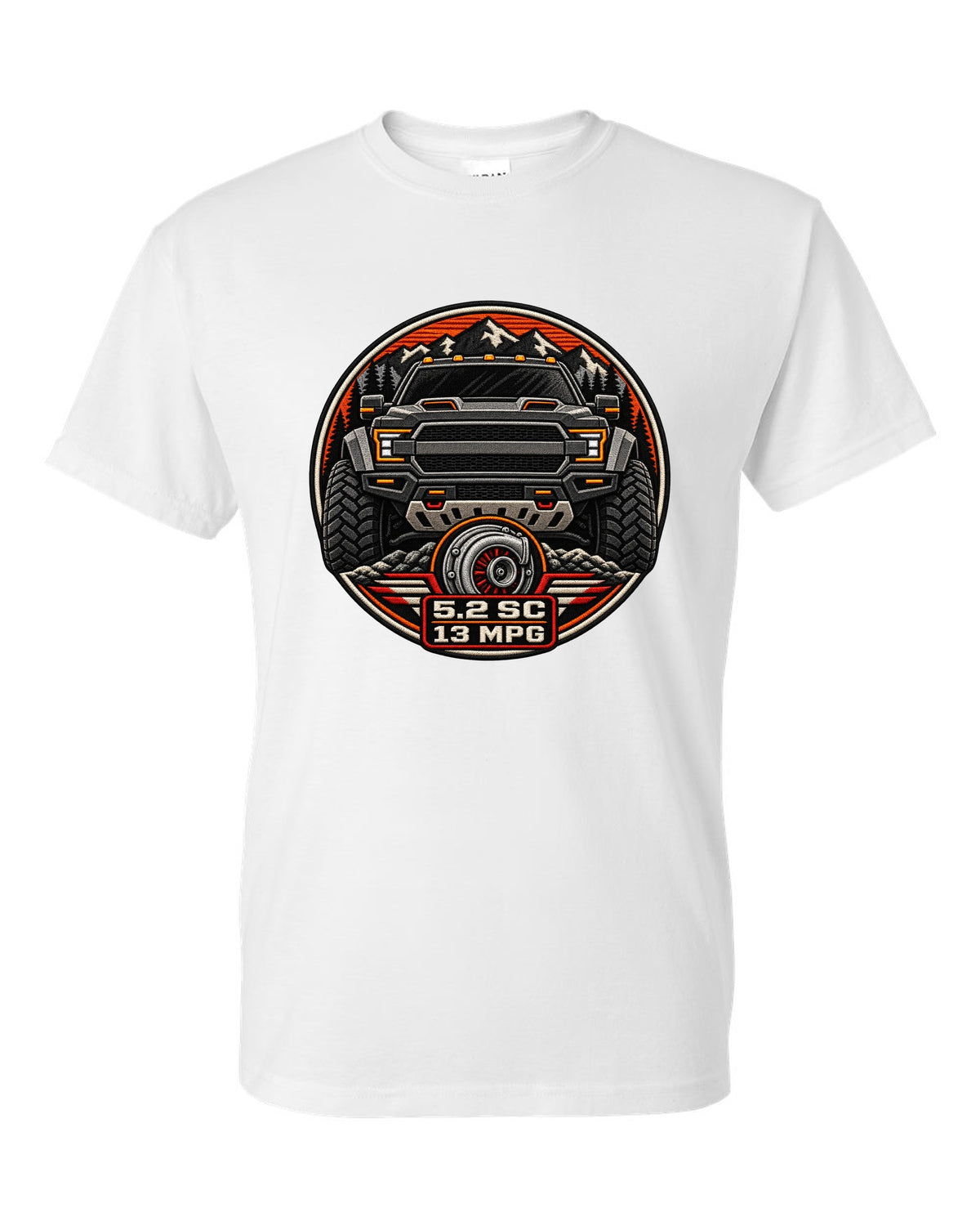 Varsity badge crest print of the Ford F-150 Raptor R P702 with 5.2 SC and 13 MPG text white t-shirt front view with the design