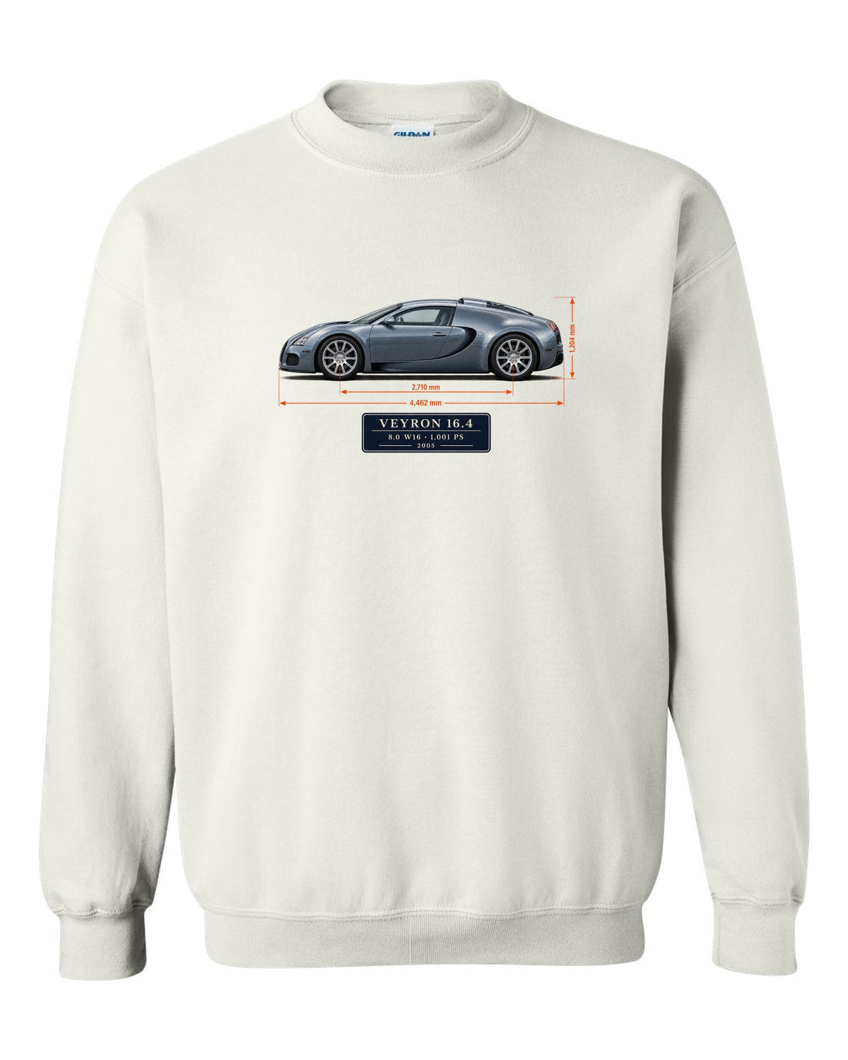 Bugatti Veyron 16.4 dimension blueprint print with size and engine specs white crewneck front view with the design