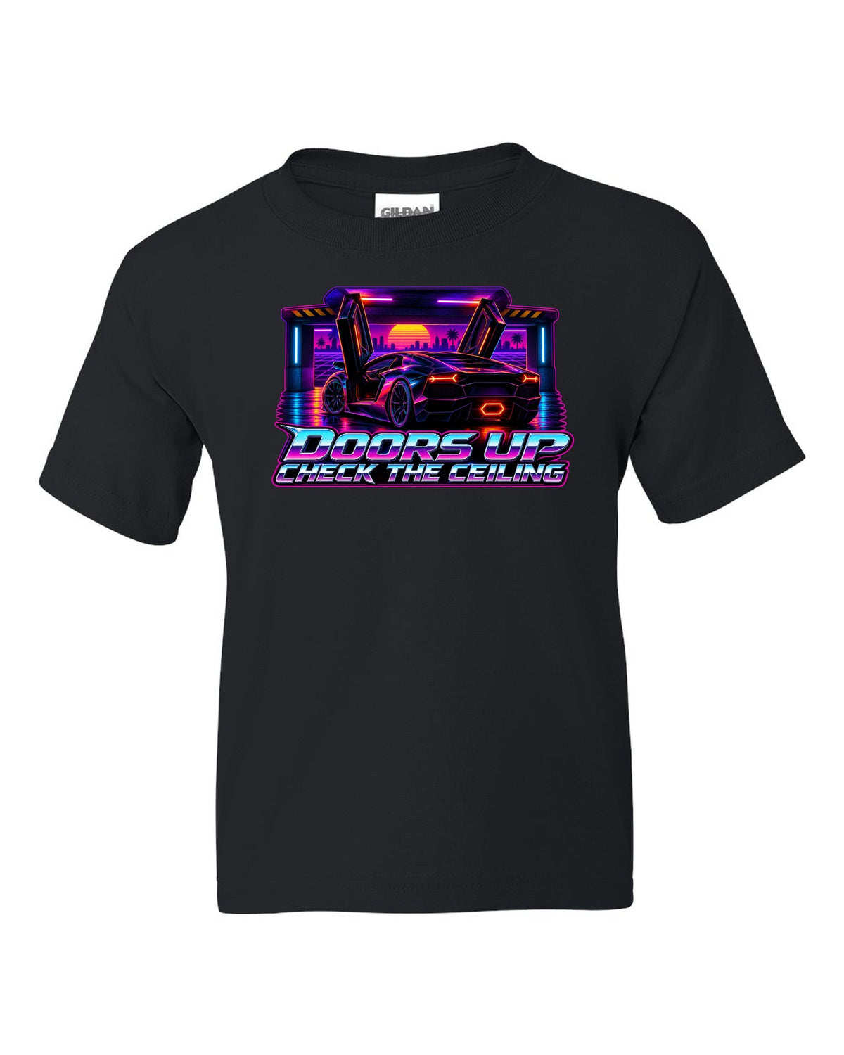 Synthwave outrun design of a Lamborghini Aventador LP700-4 with doors up and check the ceiling text black kids tee front view with the design