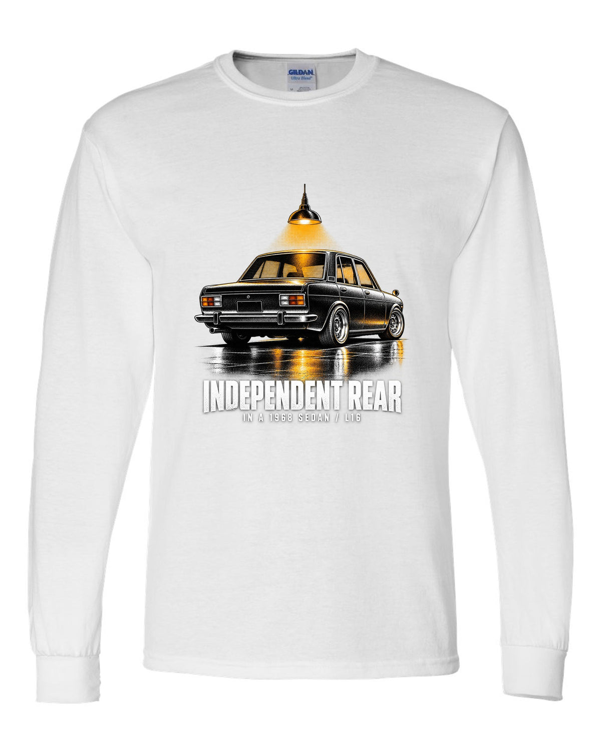 print of a 1968 Datsun 510 PL510 sedan from the rear three-quarter in a night garage white long sleeve front view with the design