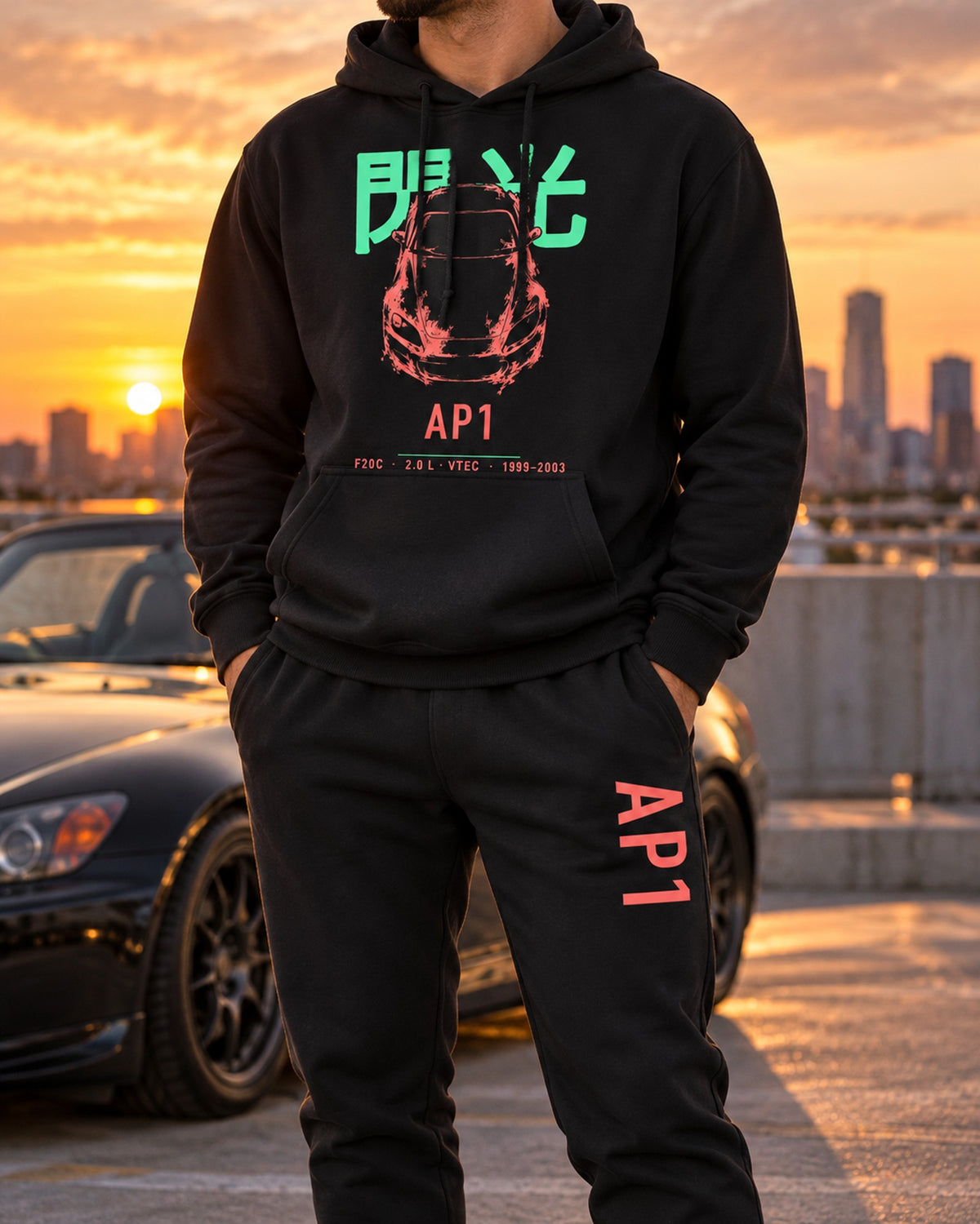 AP1 Chassis Code Hoodie + Jogger Set Black worn hero