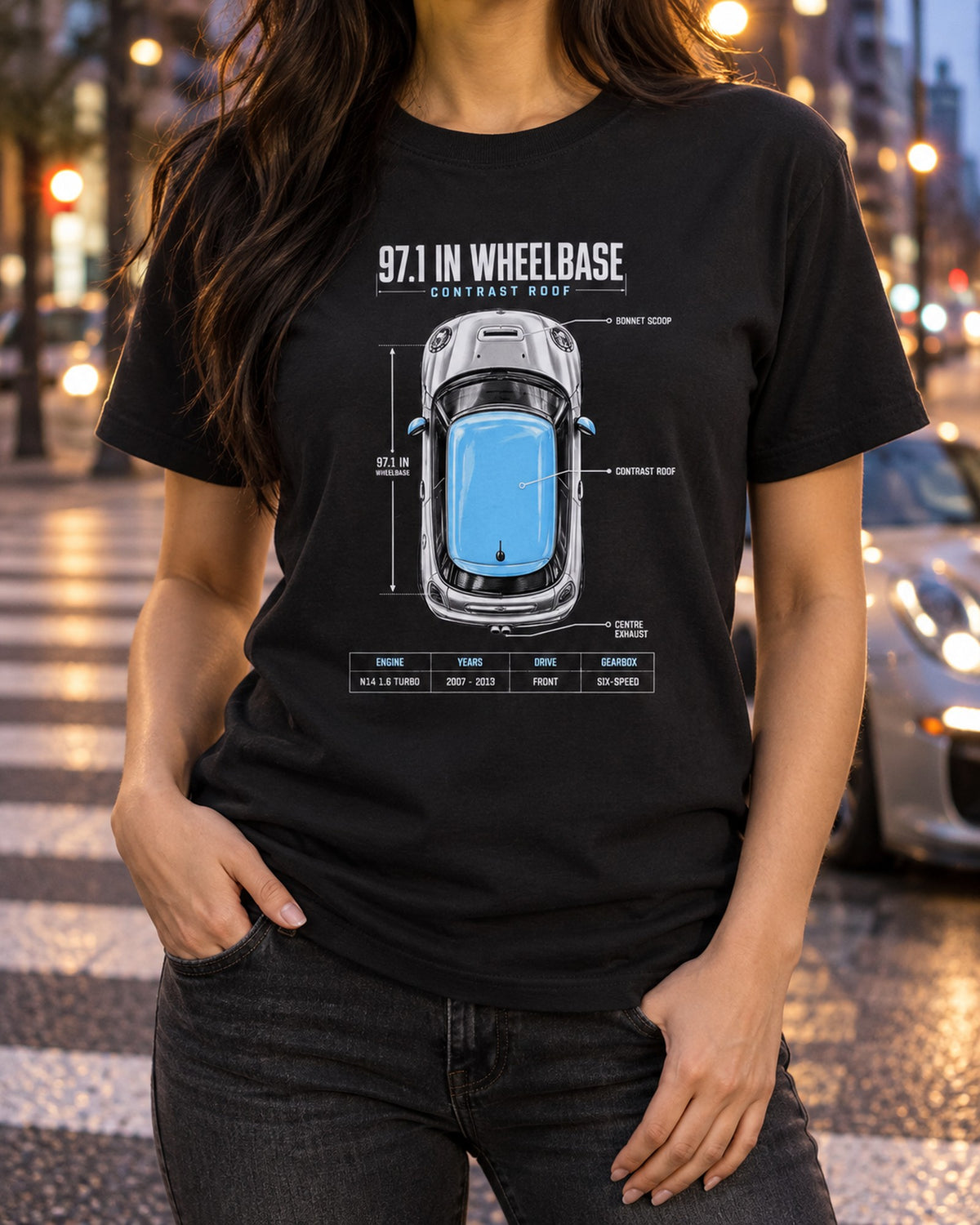 Mini Cooper S R56 Top-Down Spec Poster Tee, Contrast Roof T-Shirt Black worn hero