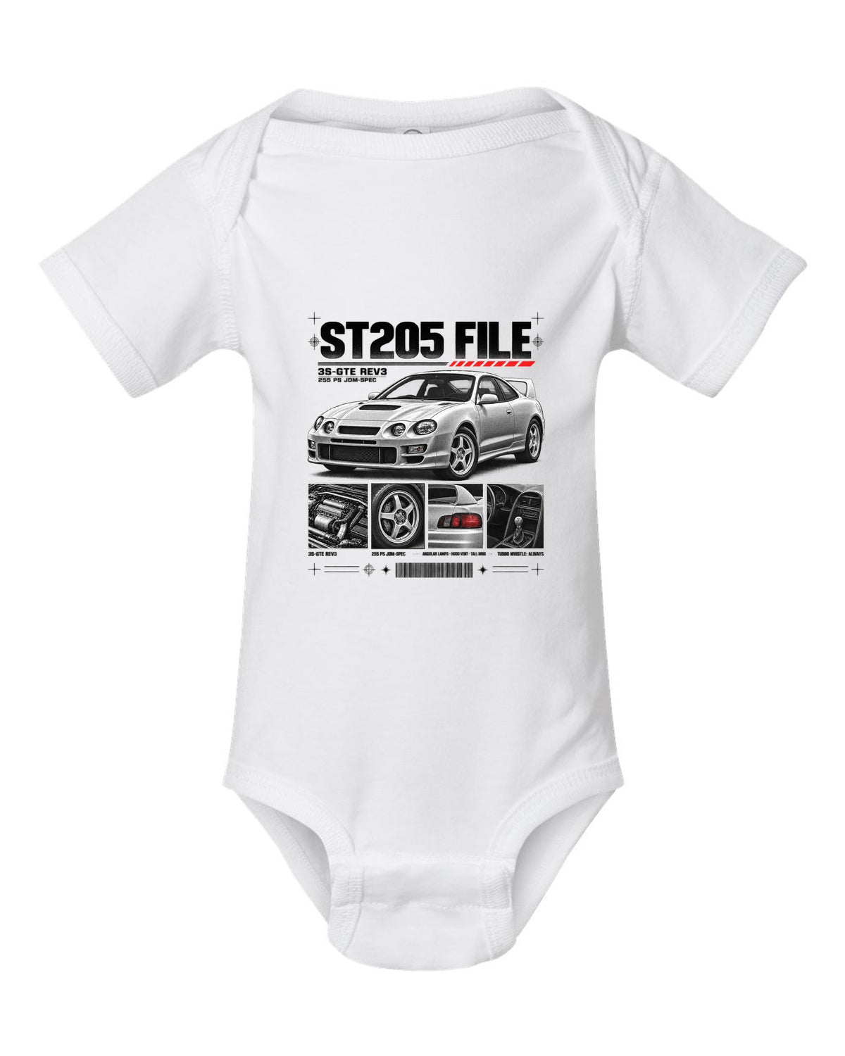 Dossier panel print of a Toyota Celica GT-Four ST205 with 3S-GTE Rev3 and 255 PS text white baby onesie front view with the design
