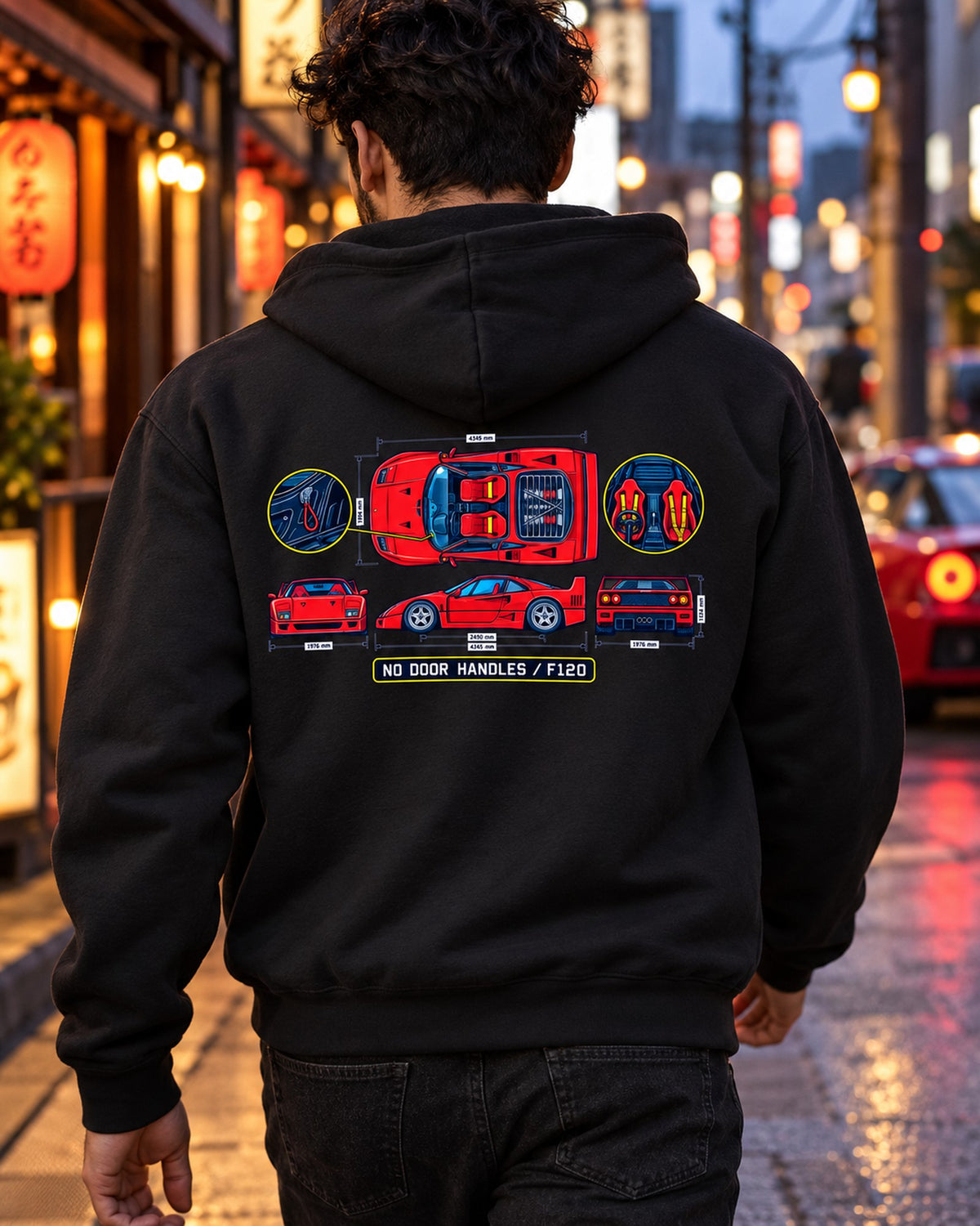 Ferrari F40 Cabin Blueprint Tee, No Door Handles Car Shirt Zip Hoodie Black worn hero