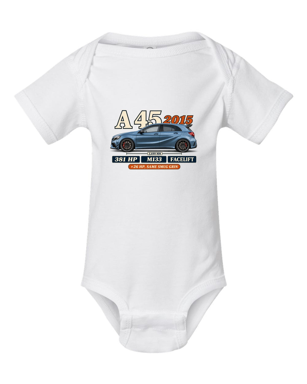 Mercedes-AMG A45 W176 facelift 2015 archive panel print white baby onesie front view with the design
