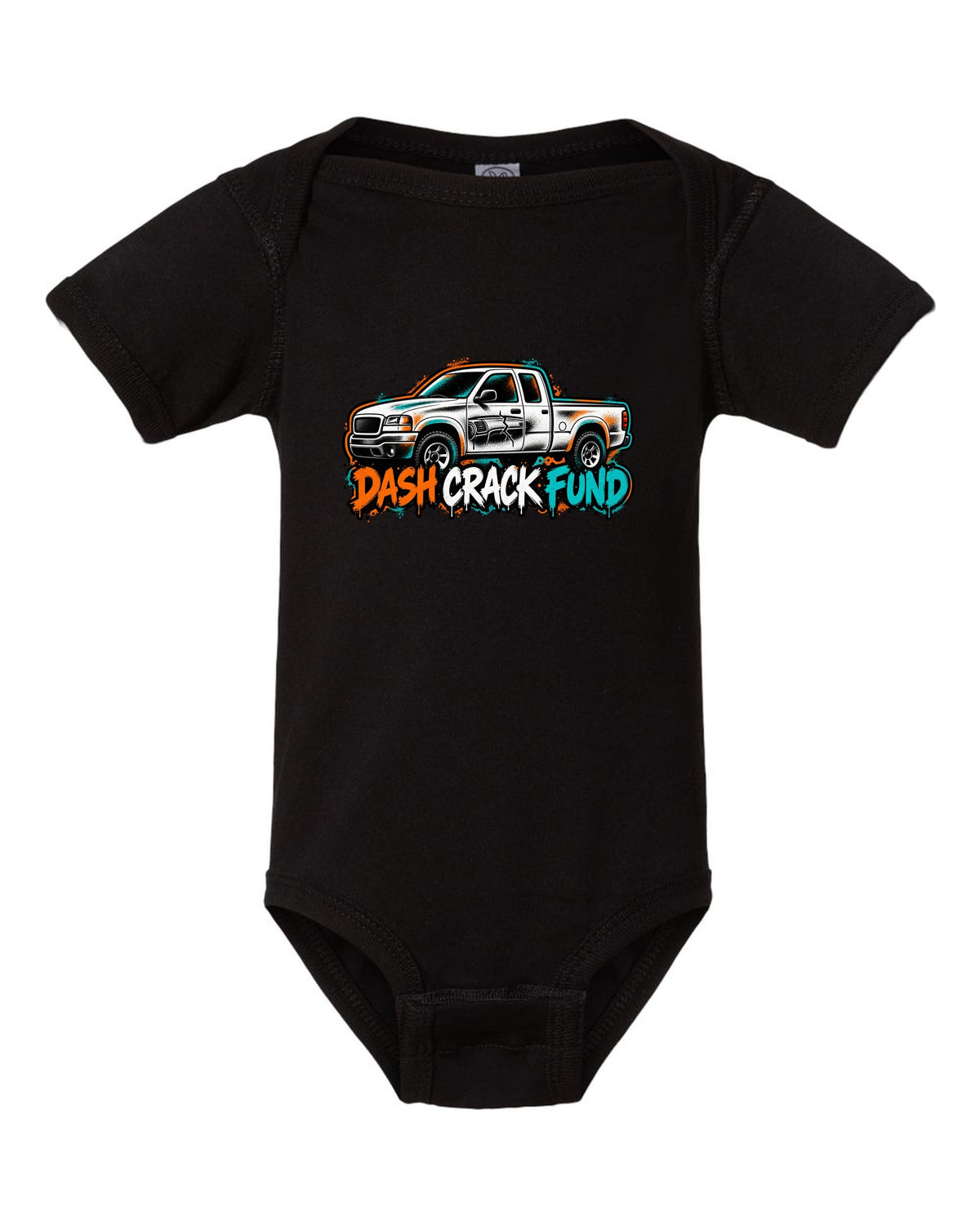 NBS Silverado GMT800 Spray Stencil Tee, Dash Crack Fund black baby onesie front view with the design