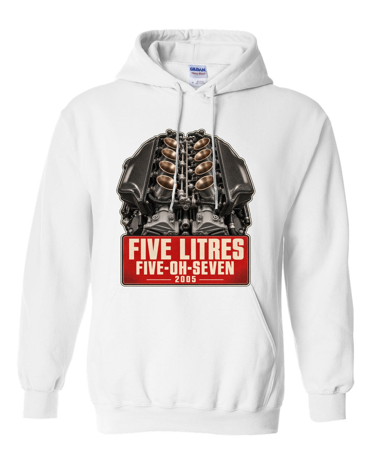 BMW M5 E60 S85 V10 engine poster-style print white pull over hoodie front view with the design