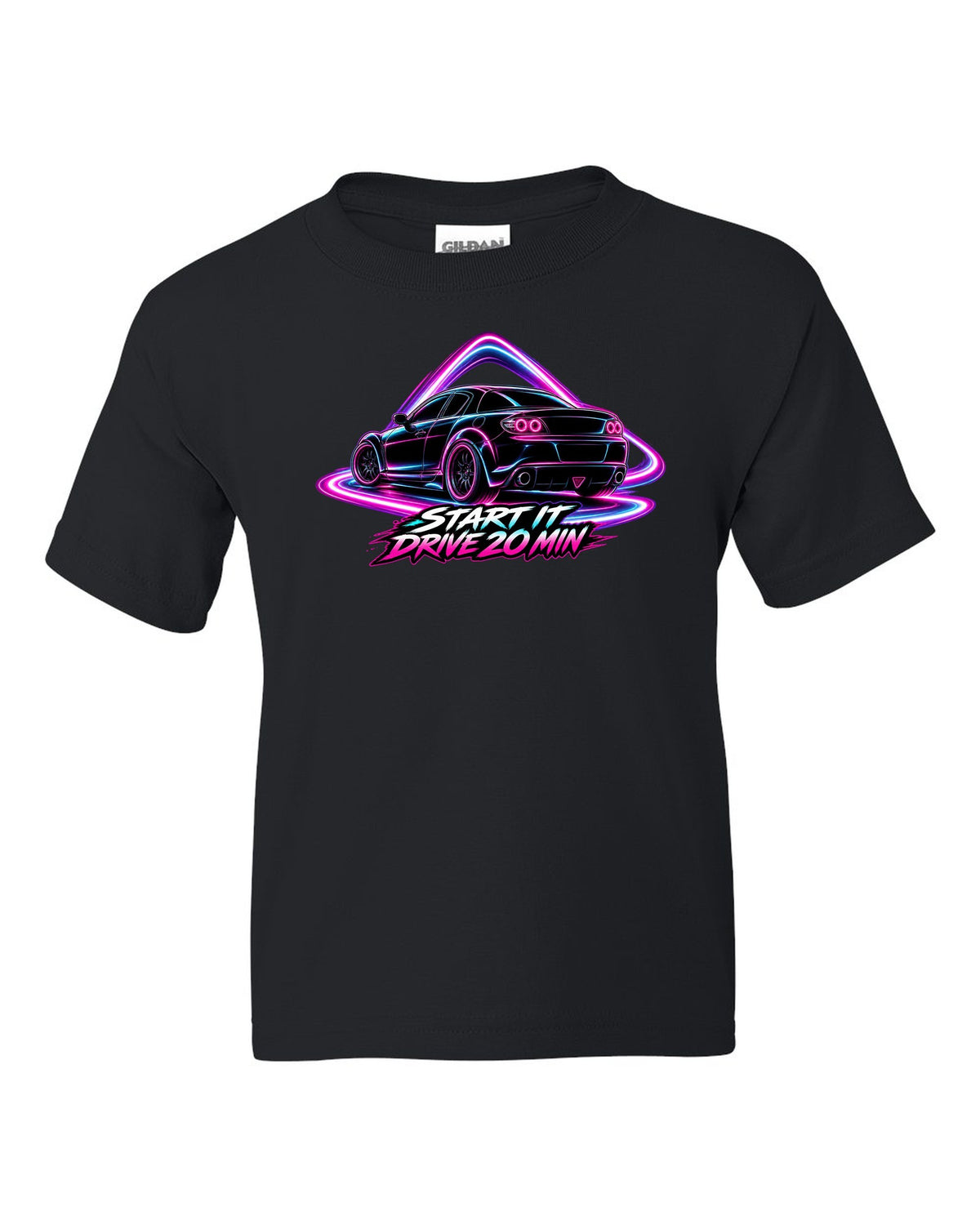 Neon outline light painting of a Mazda RX-8 SE3P with START IT / DRIVE 20 MIN lettering black kids tee front view with the design