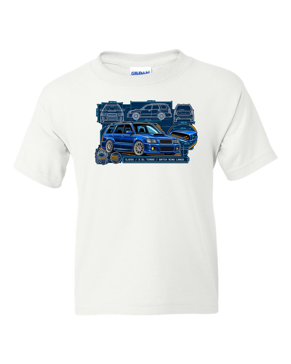 Technical blueprint of a Subaru Forester SG9 with hood scoop and EJ255 2.5L turbo text white kids tee front view with the design