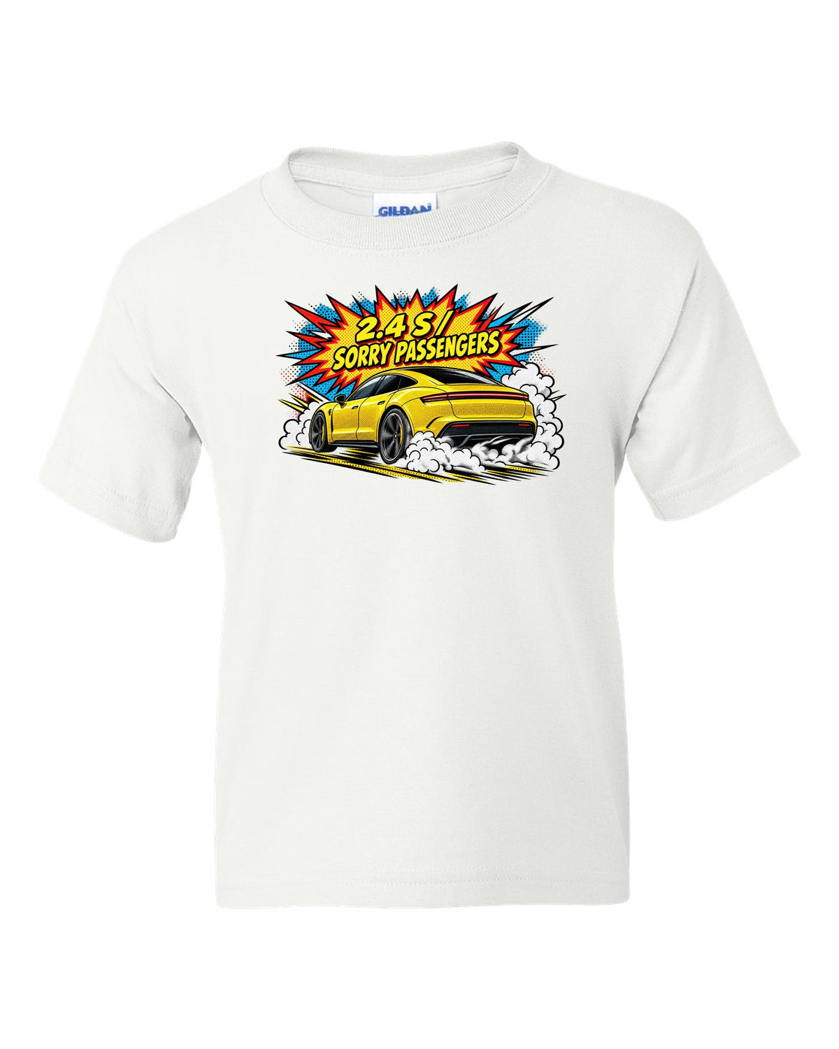 Porsche Taycan Turbo S 9J1 comic halftone pop-art launch print with the text 2.4 s sorry passengers white kids tee front view with the design