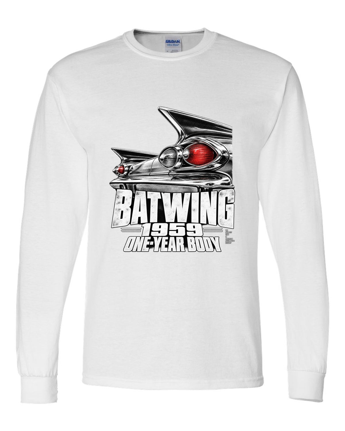 1959 Impala rear batwing taillight macro print with one-year body text white long sleeve front view with the design