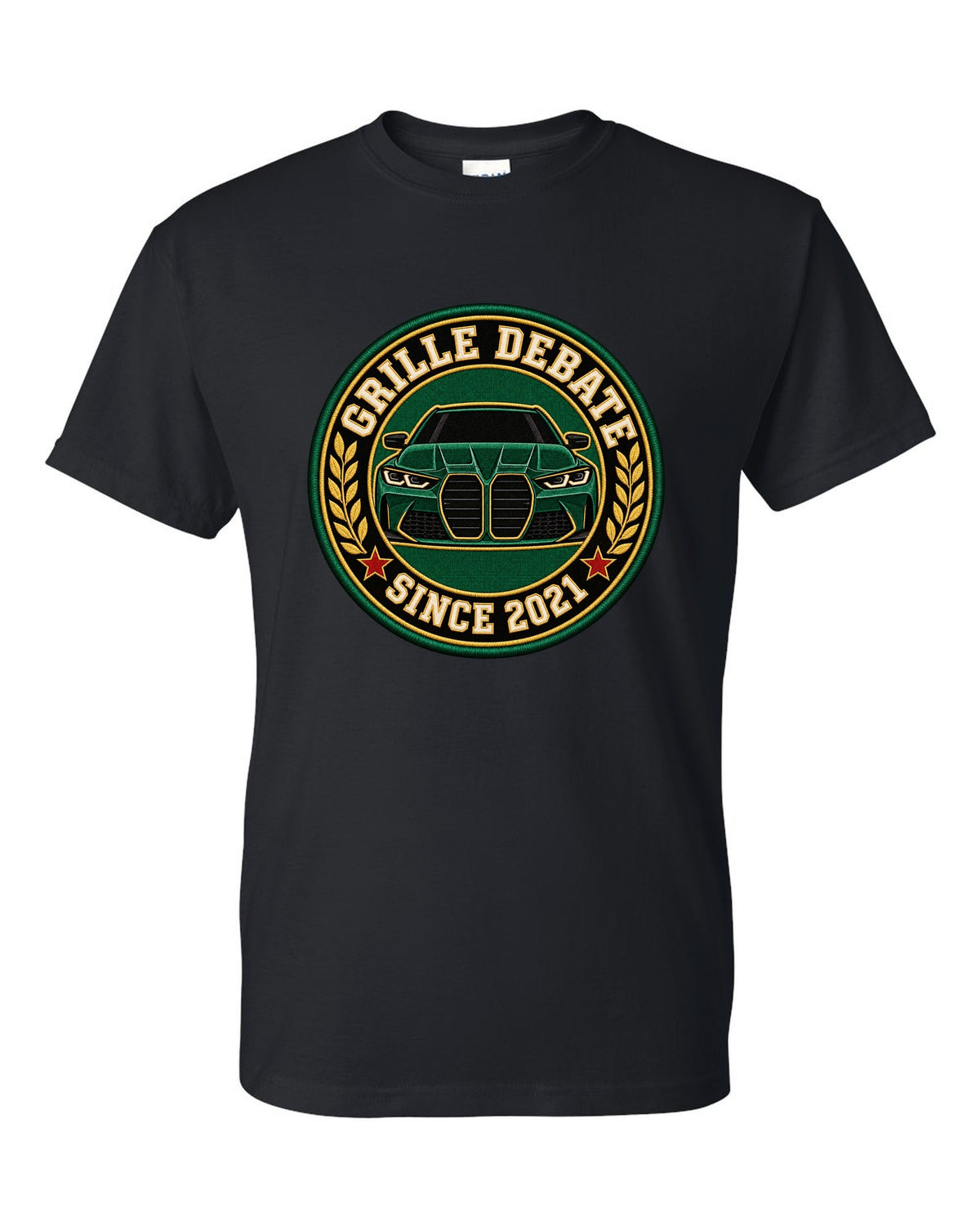 BMW G80 M3 varsity crest print with grille debate since 2021 text black t-shirt front view with the design