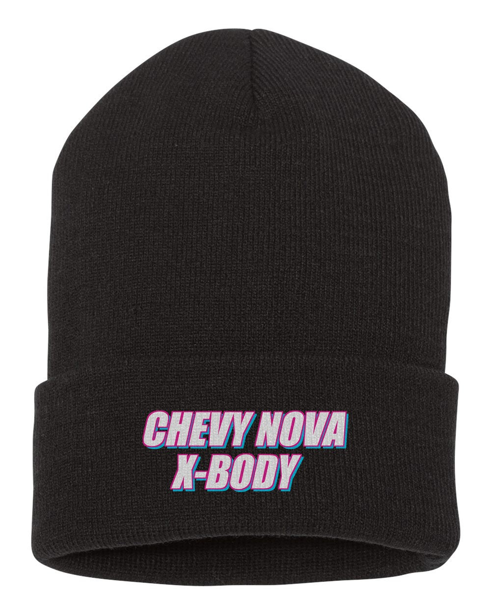 Chevy Nova X-Body black beanie front view with car name