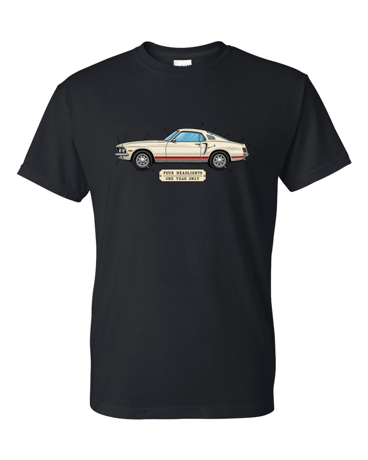 1969 Ford Mustang Fastback Patent Sheet Profile black t-shirt front view with the design
