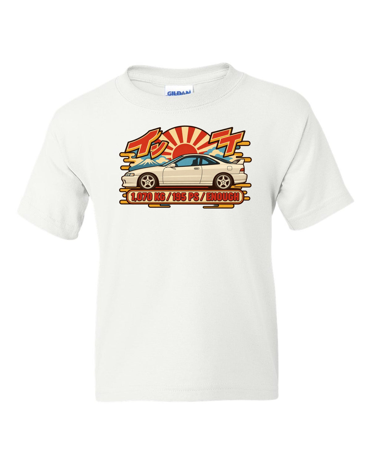 Showa catalogue ad style print of a 1995 Honda Integra DC2 coupe with 1,070 KG and 195 PS text white kids tee front view with the design