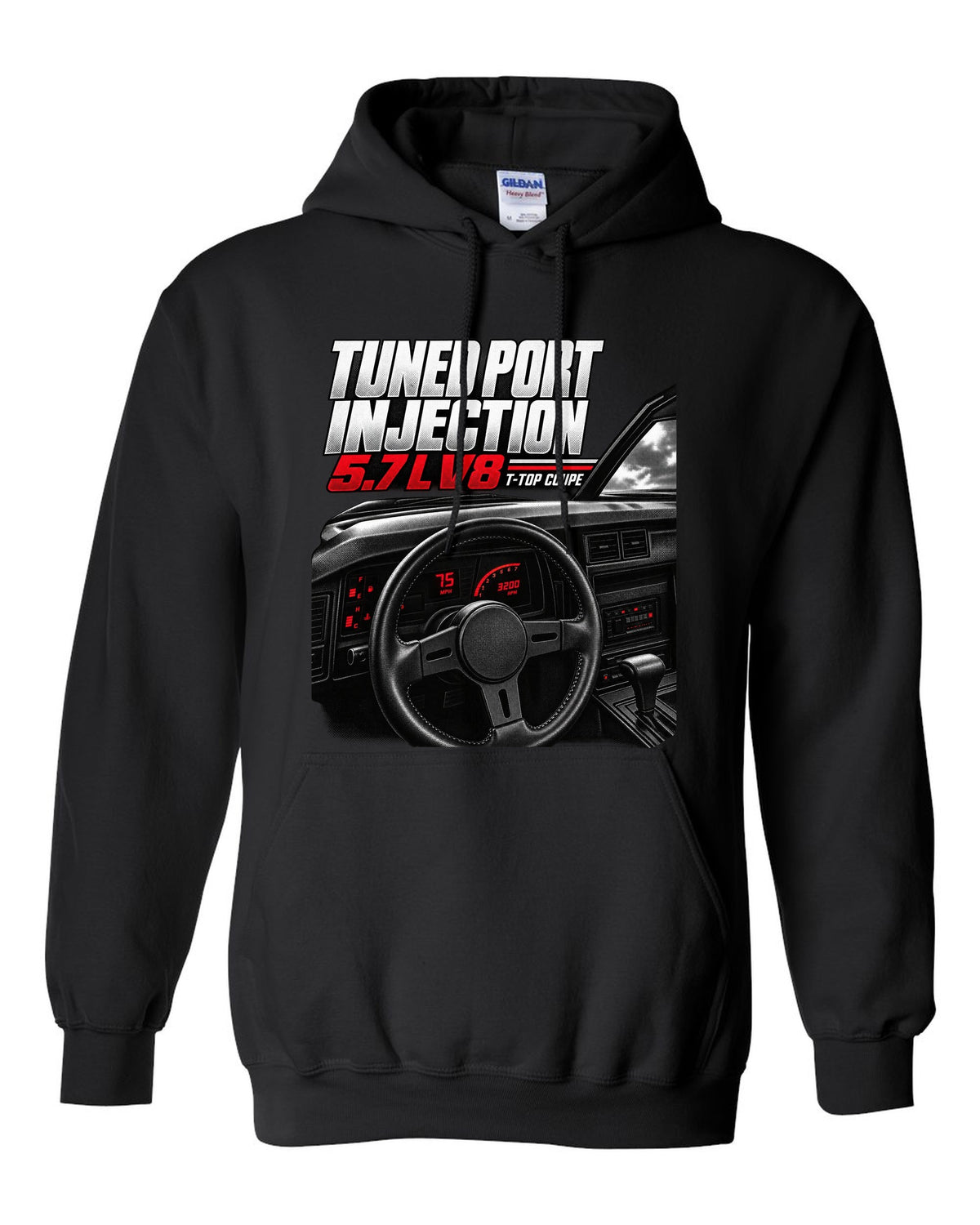 Cockpit and gauge cluster print of a 1988 Chevrolet Camaro IROC-Z with 5.7 L V8 text black pull over hoodie front view with the design