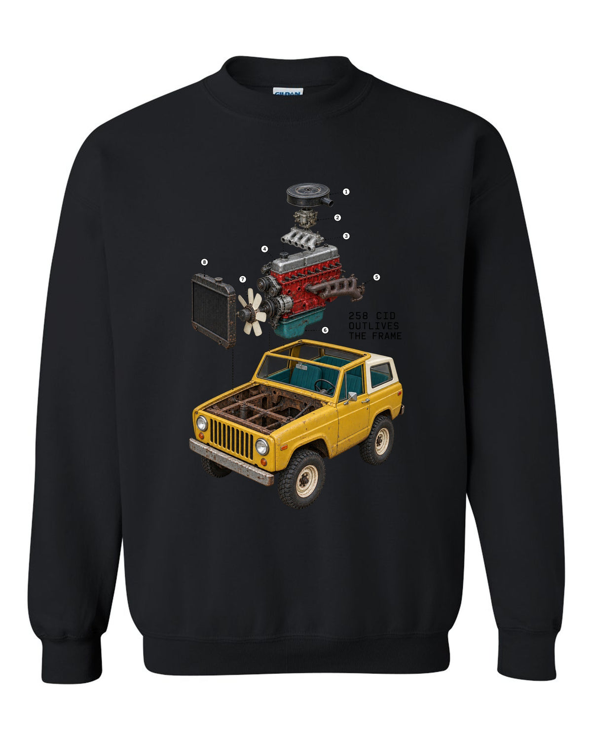 Exploded cutaway engine print of a Jeep CJ-7 258 CID inline-six black crewneck front view with the design