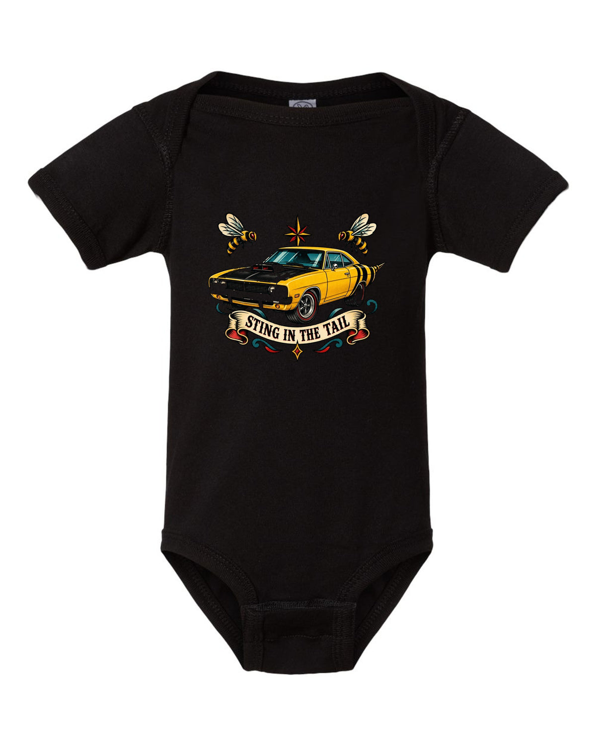 Hand-drawn tattoo flash print of a 1969 Dodge Coronet Super Bee with sting in the tail text black baby onesie front view with the design