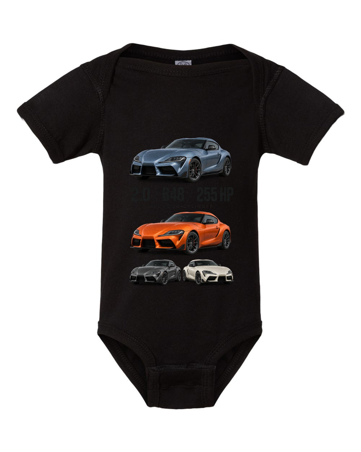 Steel blue Toyota GR Supra 2.0 spec poster with B48 and 255 HP text black baby onesie front view with the design