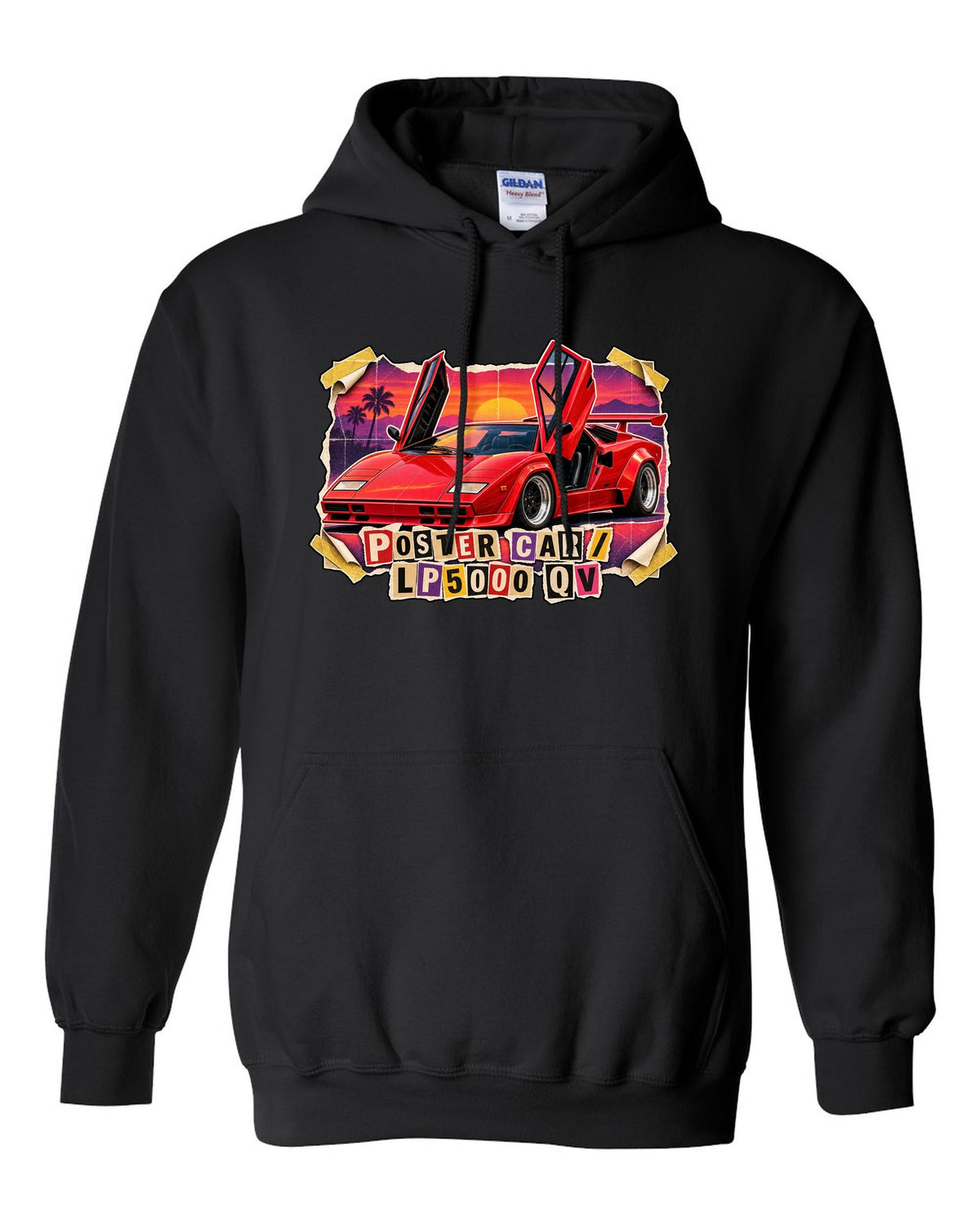 Magazine-cutout collage of a Lamborghini Countach LP5000 QV styled as a pull-out poster car black pull over hoodie front view with the design