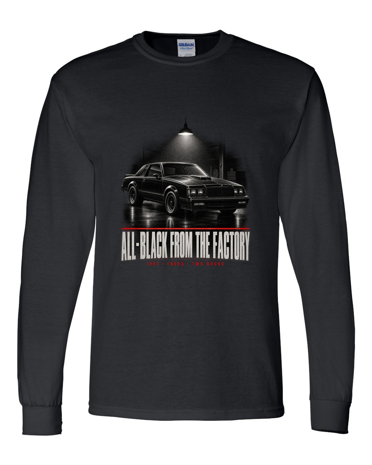 1987 Buick Grand National garage night scene print with all-black text black long sleeve front view with the design