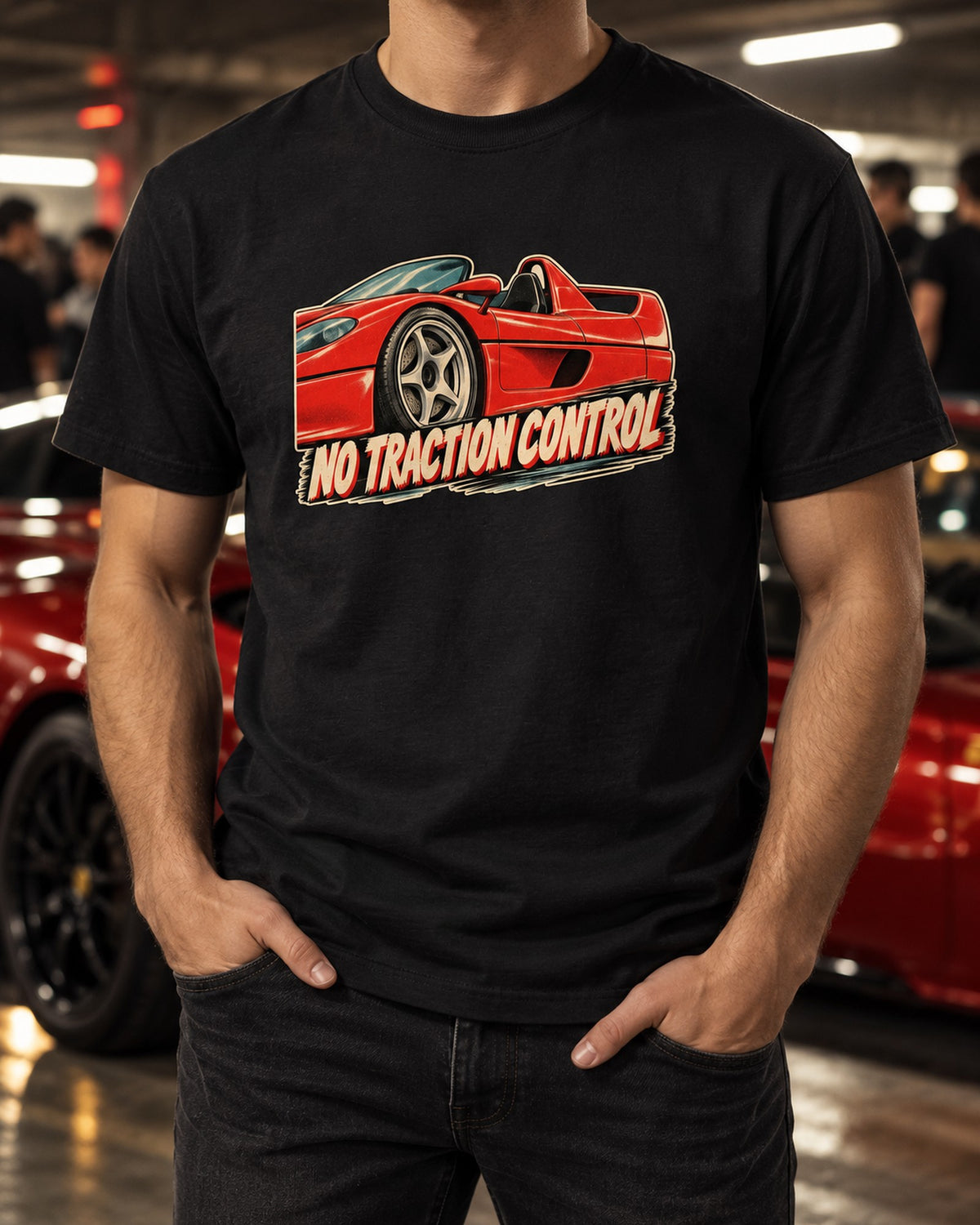 Ferrari F50 Showa Era Shoulder Scoop Ad Tee, No Traction Control T-Shirt Black worn hero