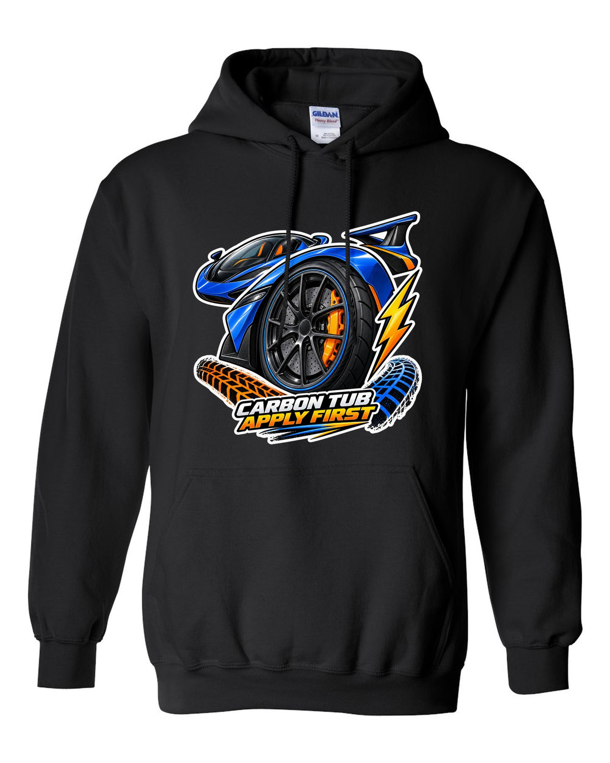 Sticker-bomb collage print for the 2017-2022 Ford GT with carbon tub text black pull over hoodie front view with the design