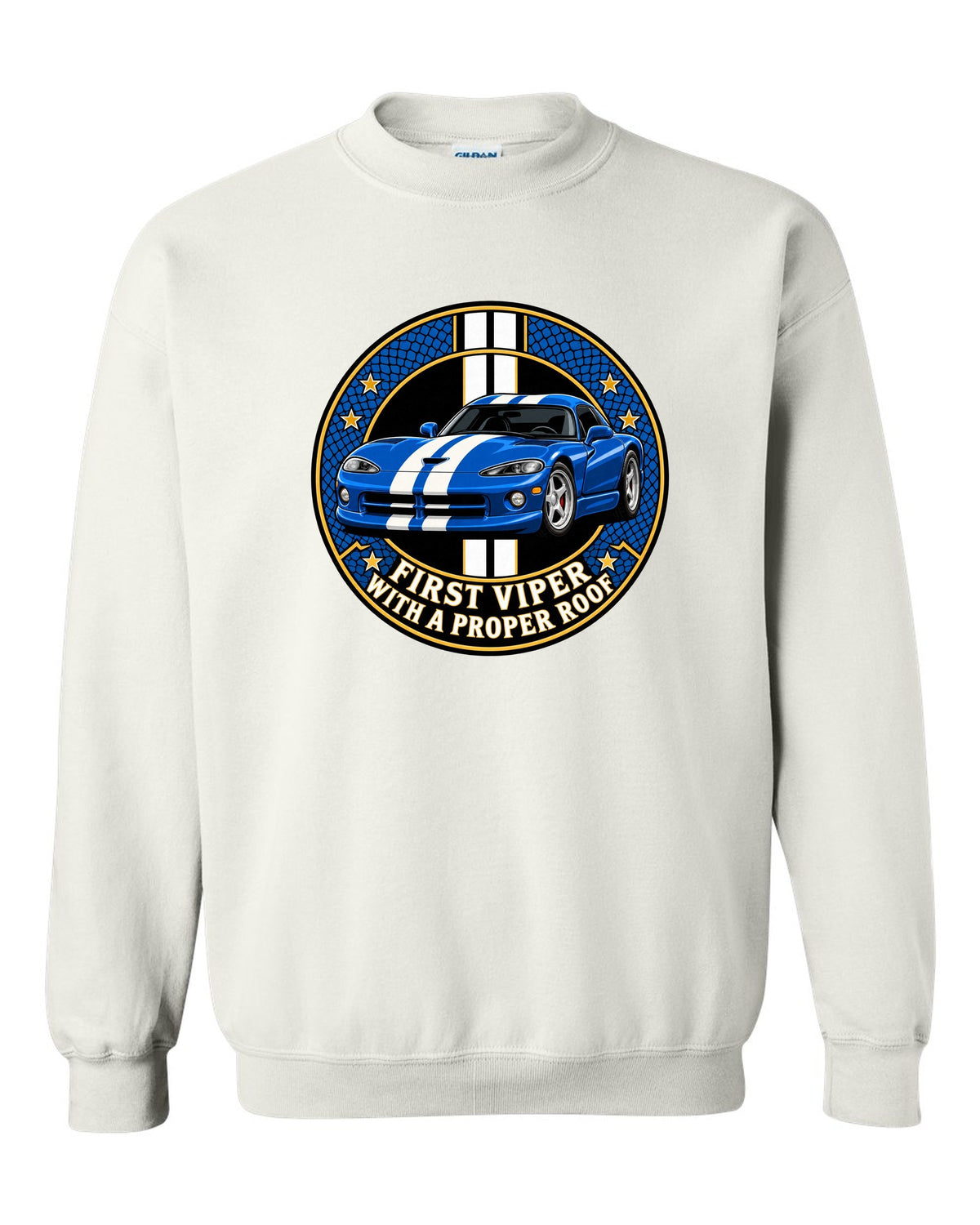 Original crest design print of a 1996 Dodge Viper GTS SR II with proper roof text white crewneck front view with the design