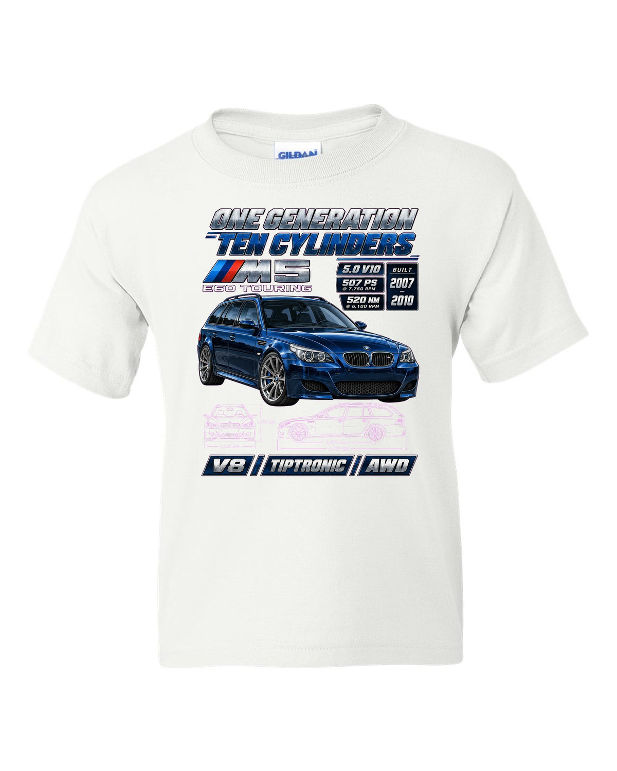 BMW M5 E60 V10 saloon spec poster print white kids tee front view with the design