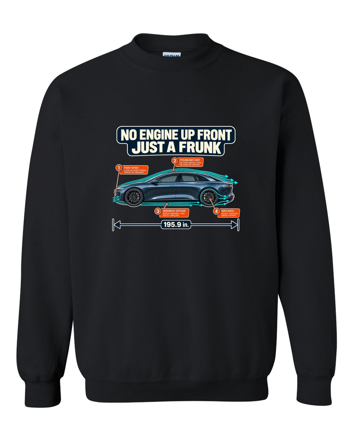 Aero cutaway callout print of a Lucid Air Sapphire showing the front trunk black crewneck front view with the design