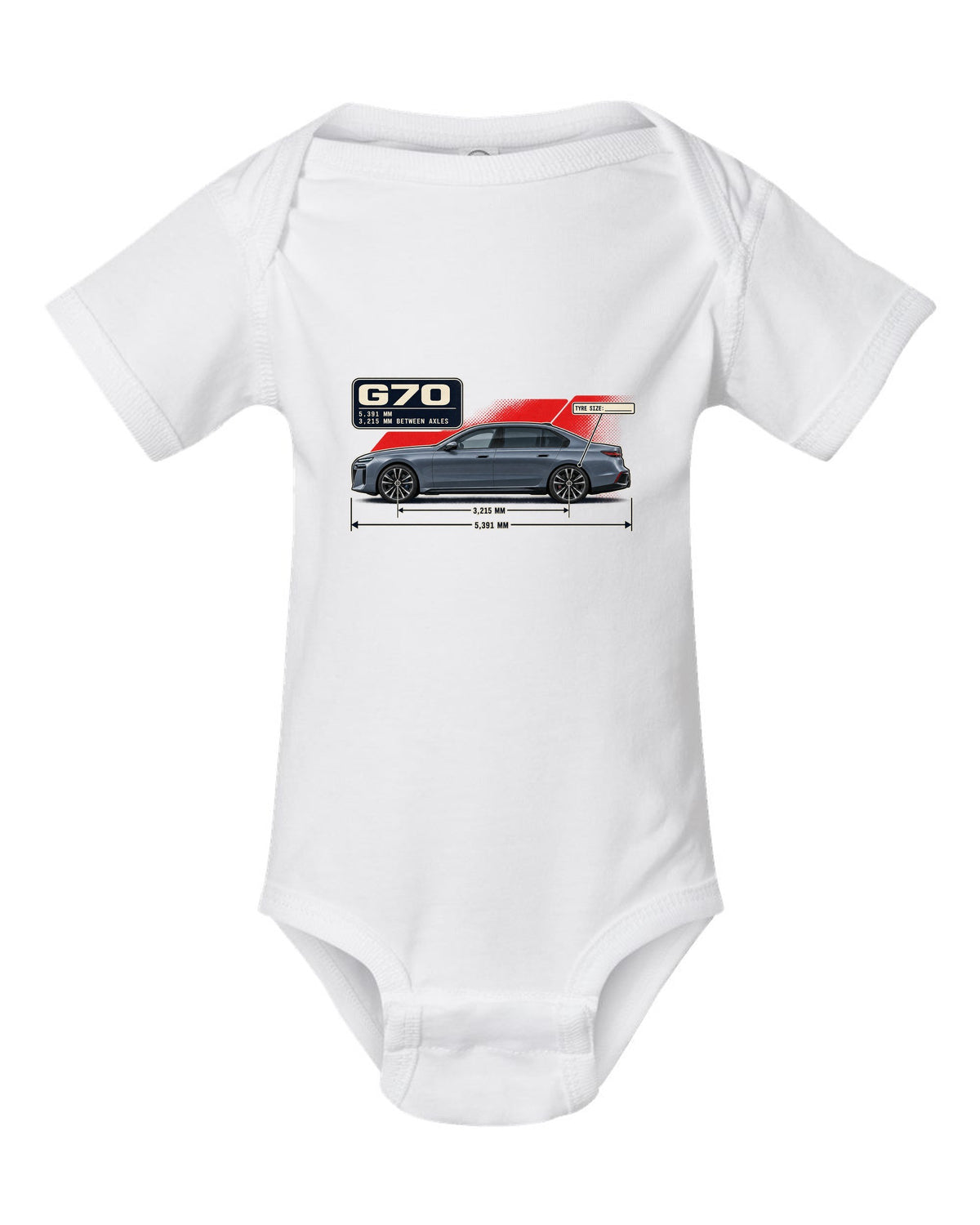 Dimension blueprint print of the BMW i7 M70 xDrive G70 white baby onesie front view with the design