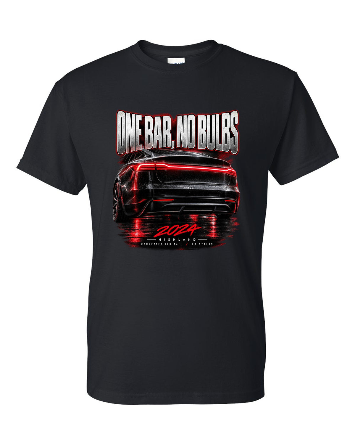 Taillight macro print of a 2024 Tesla Model 3 Highland connected LED tail black t-shirt front view with the design