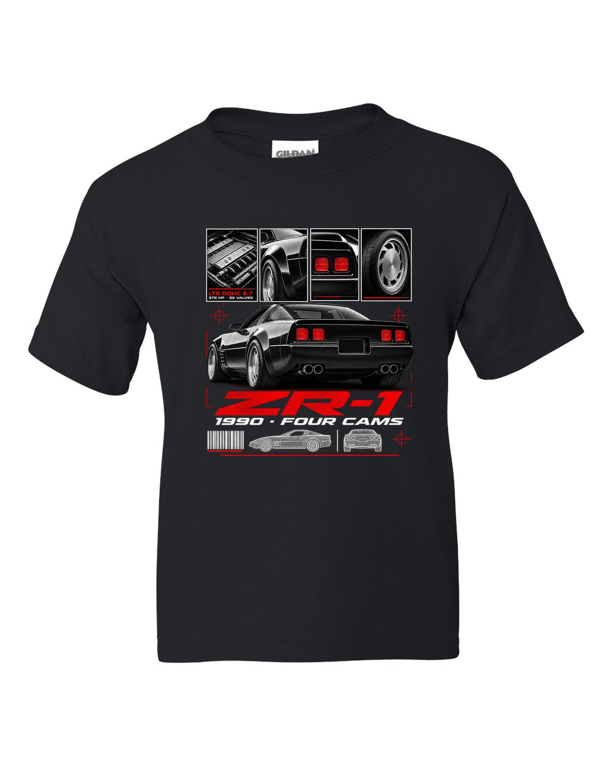 Chevrolet Corvette C4 ZR-1 1990 LT5 dossier print wide rear black kids tee front view with the design