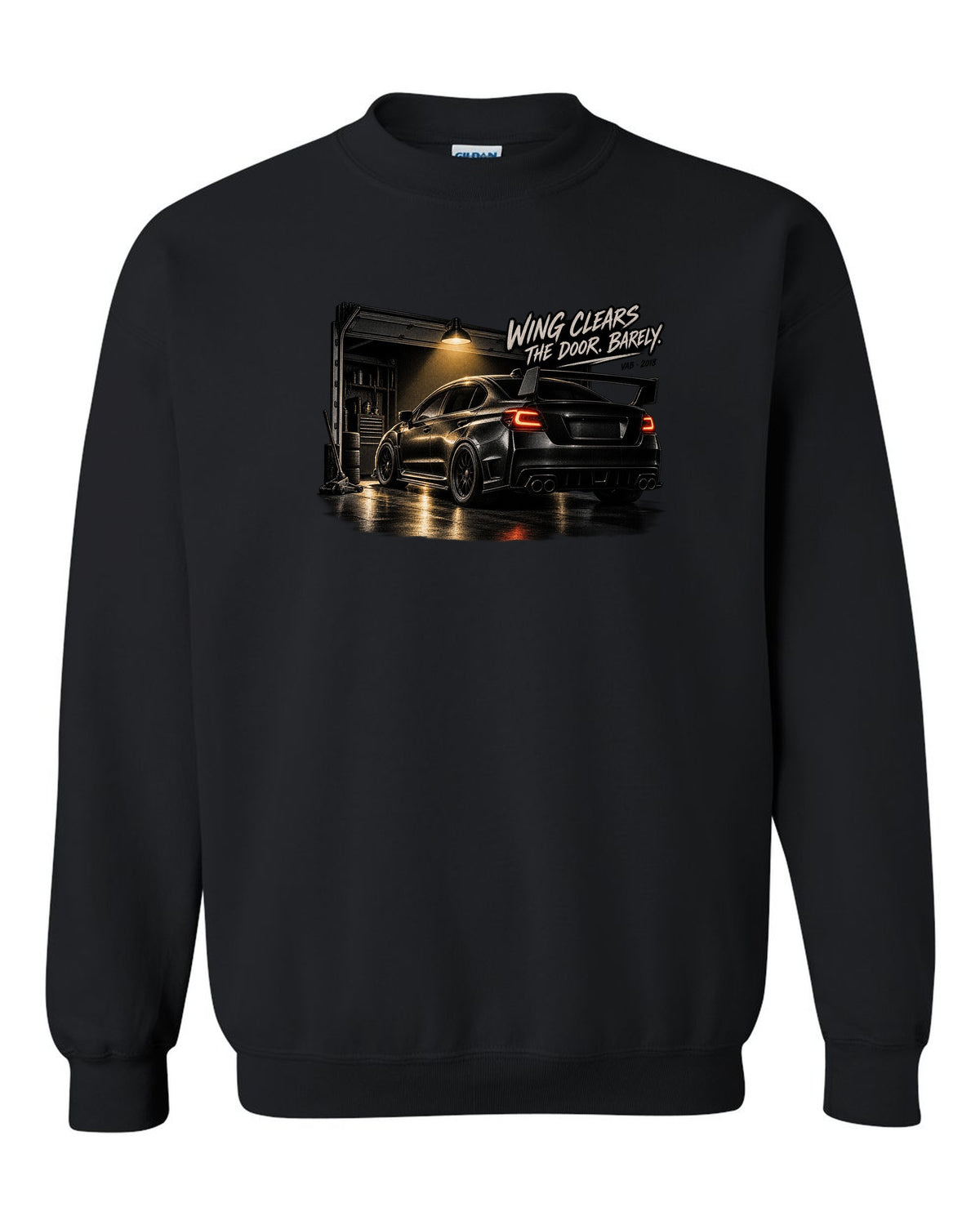 Subaru WRX STI VAB 2018 in a garage with wing clears the door barely text black crewneck front view with the design