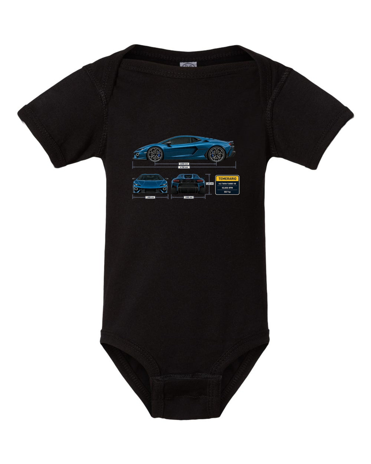 Three-view spec print of the Lamborghini Temerario black baby onesie front view with the design