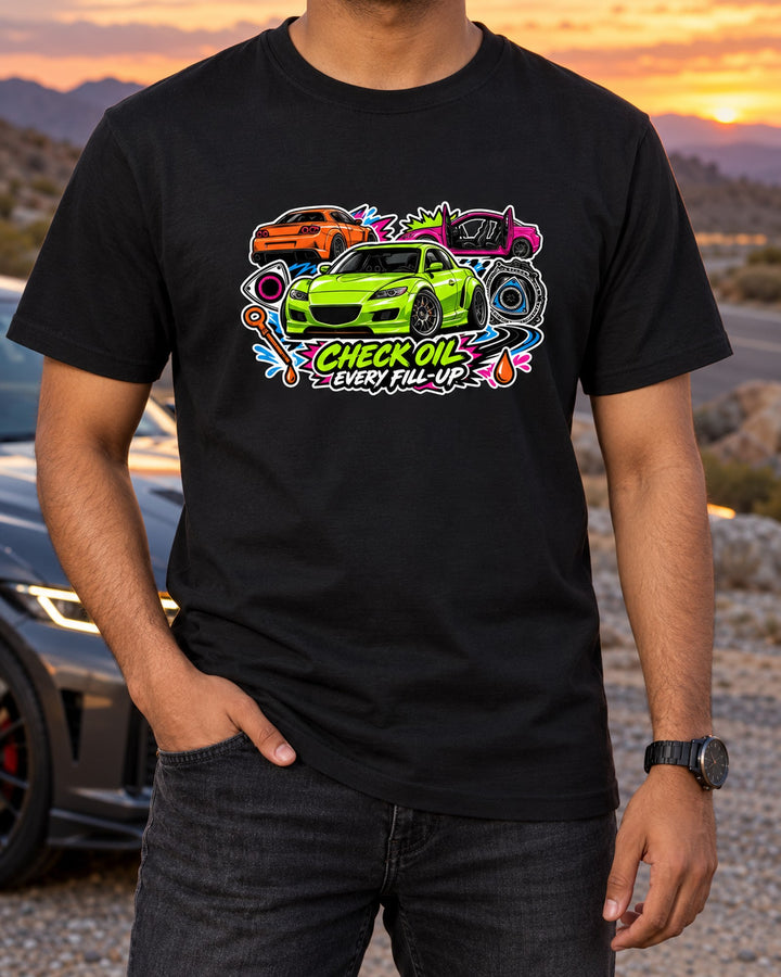 Mazda RX-8 Renesis Retro Sunset Grid Shirt, 15 MPG Joke Tee T-Shirt Black worn hero