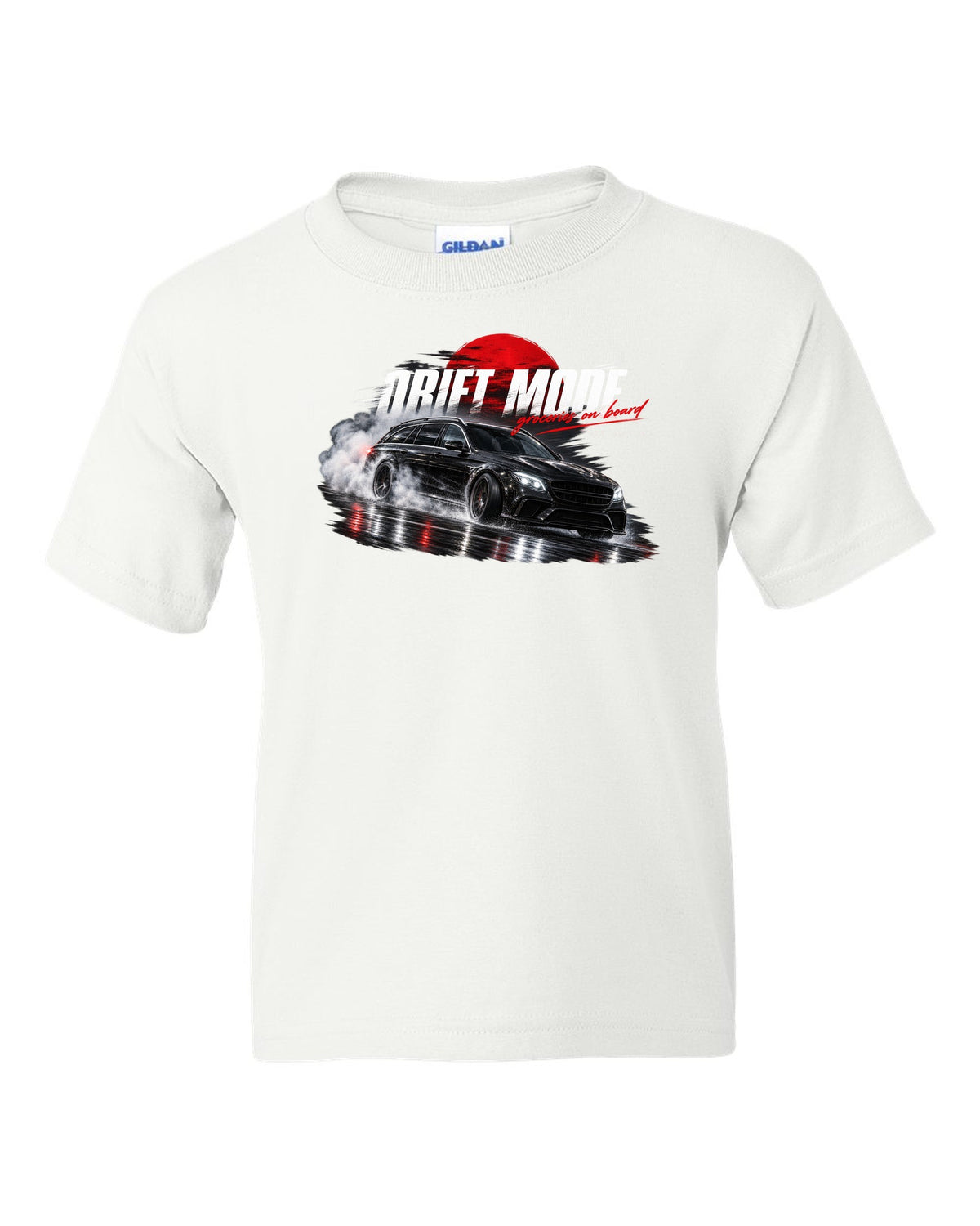 print night drift scene of a 2018 Mercedes E63 S AMG Estate S213 with text Drift Mode groceries on board white kids tee front view with the design