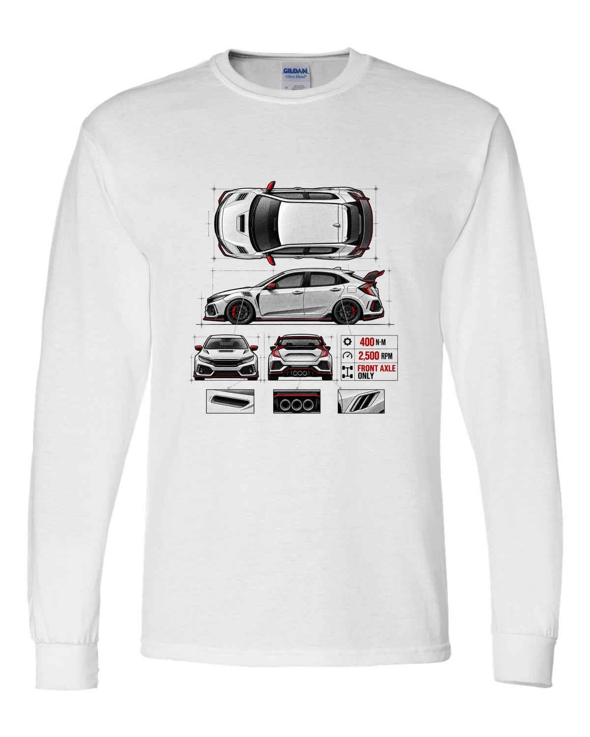 Spec poster print of a 2018 Honda Civic FK8 chback with torque figures white long sleeve front view with the design