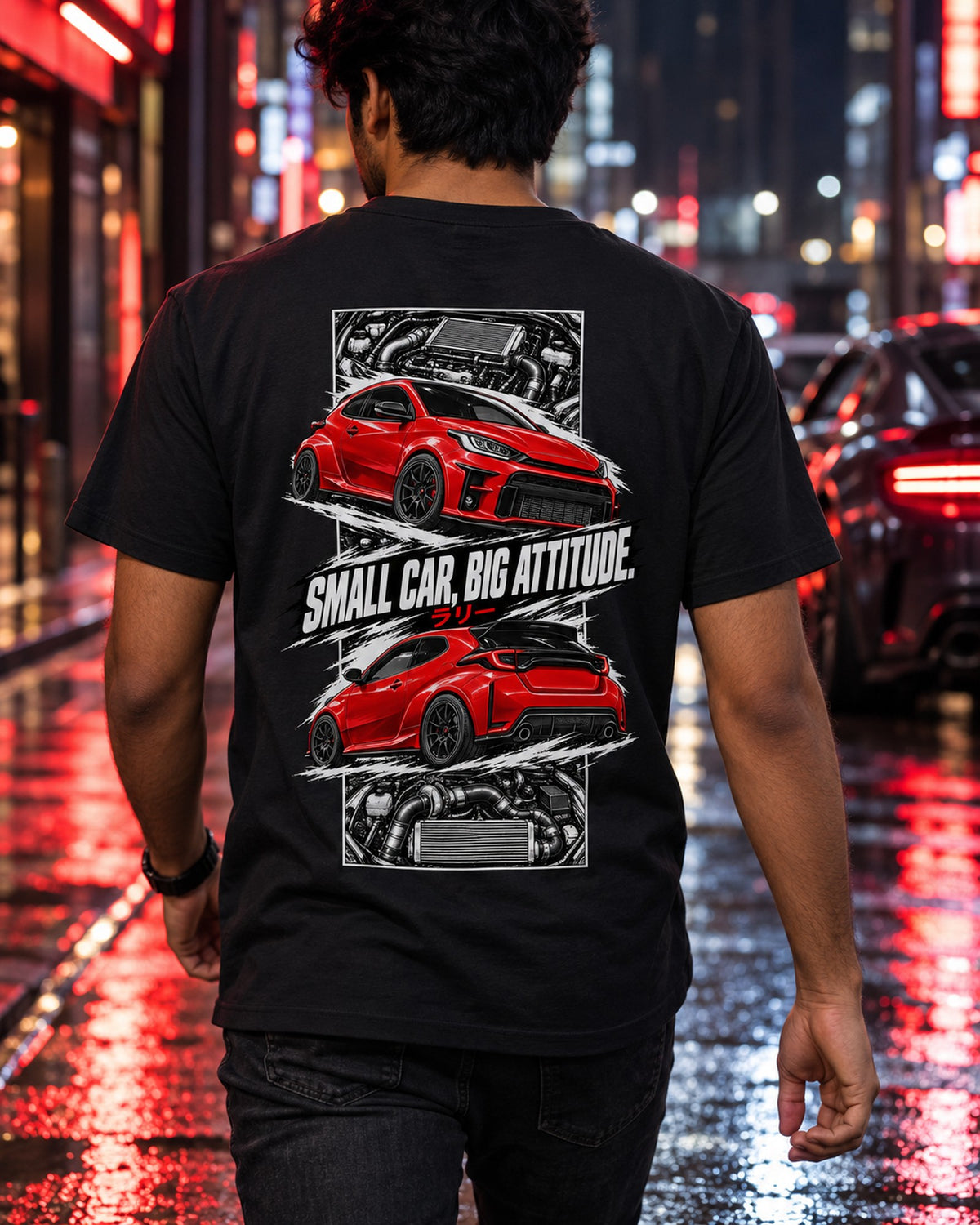 Toyota GR Yaris Torn Poster Full-Back Graphic Tee T-Shirt Black worn hero